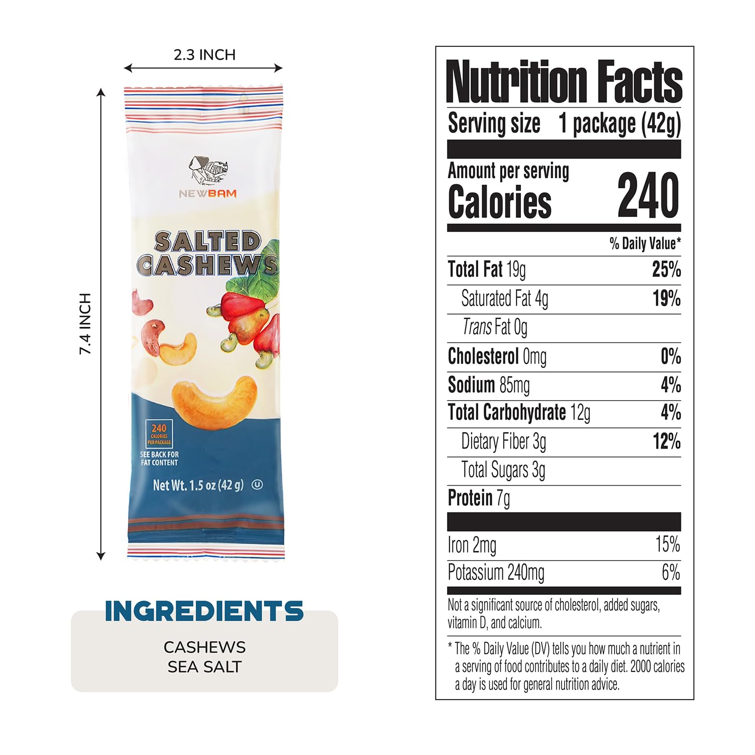 NEWBAM Lightly Salted Cashews pack back, convenient 12-pack display.