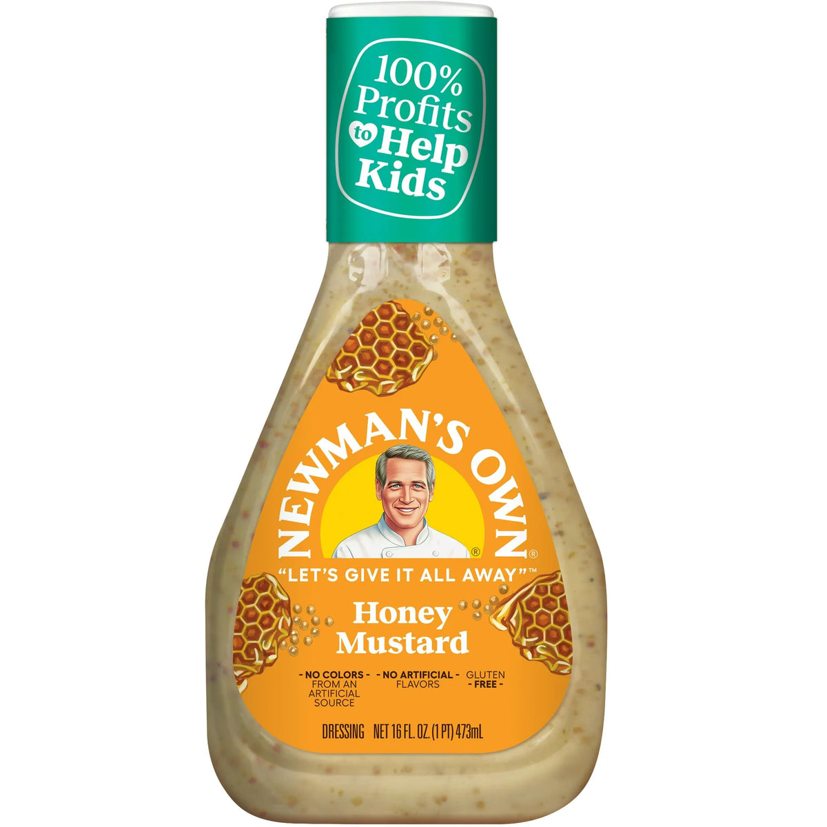 Newman's Own Honey Mustard Dressing bottle on greens, balanced sweetness.