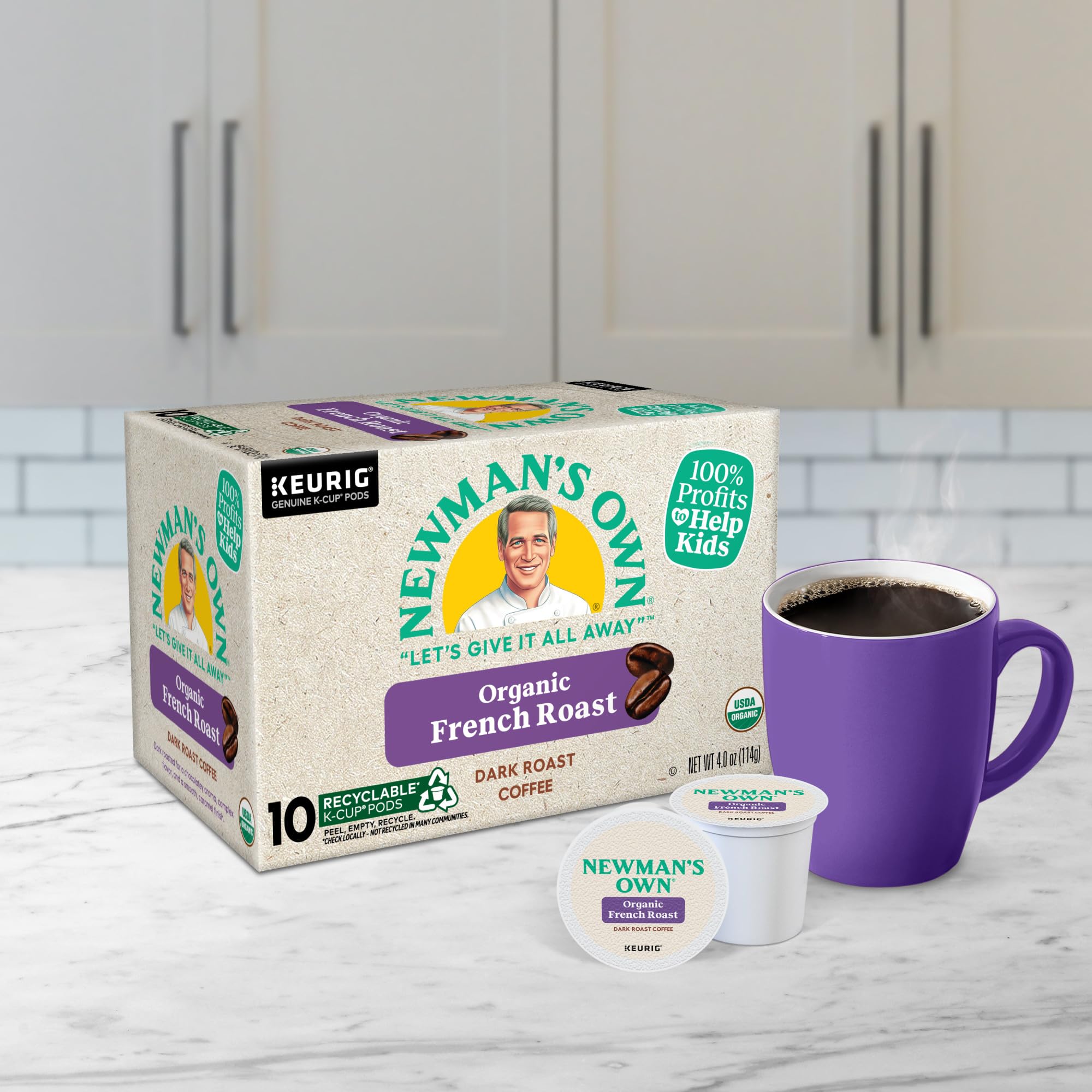 Newman's Own K-Cup grid display emphasizing single-serve format.