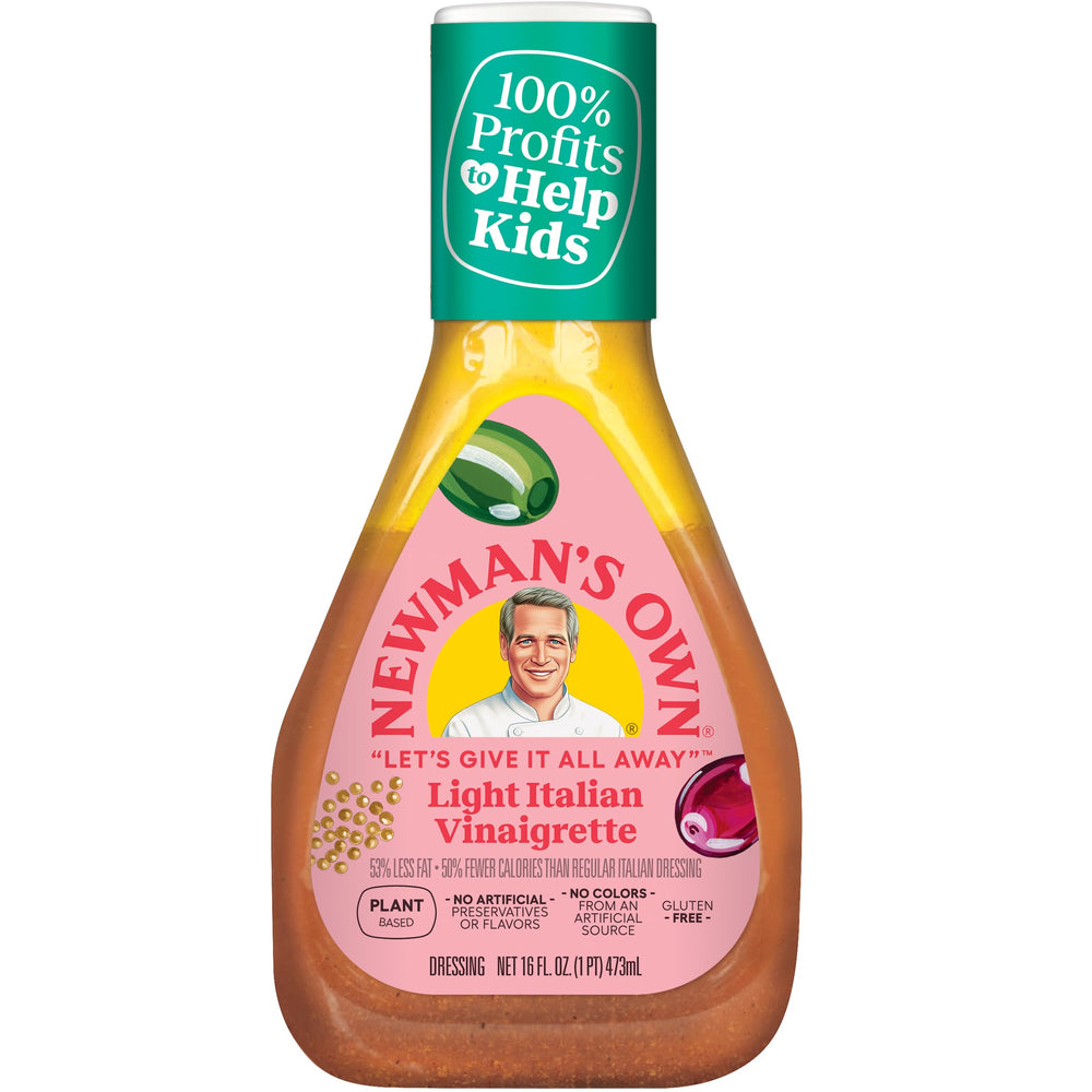Newman's Own Light Italian Dressing bottle pour showing zesty, low-calorie flavor