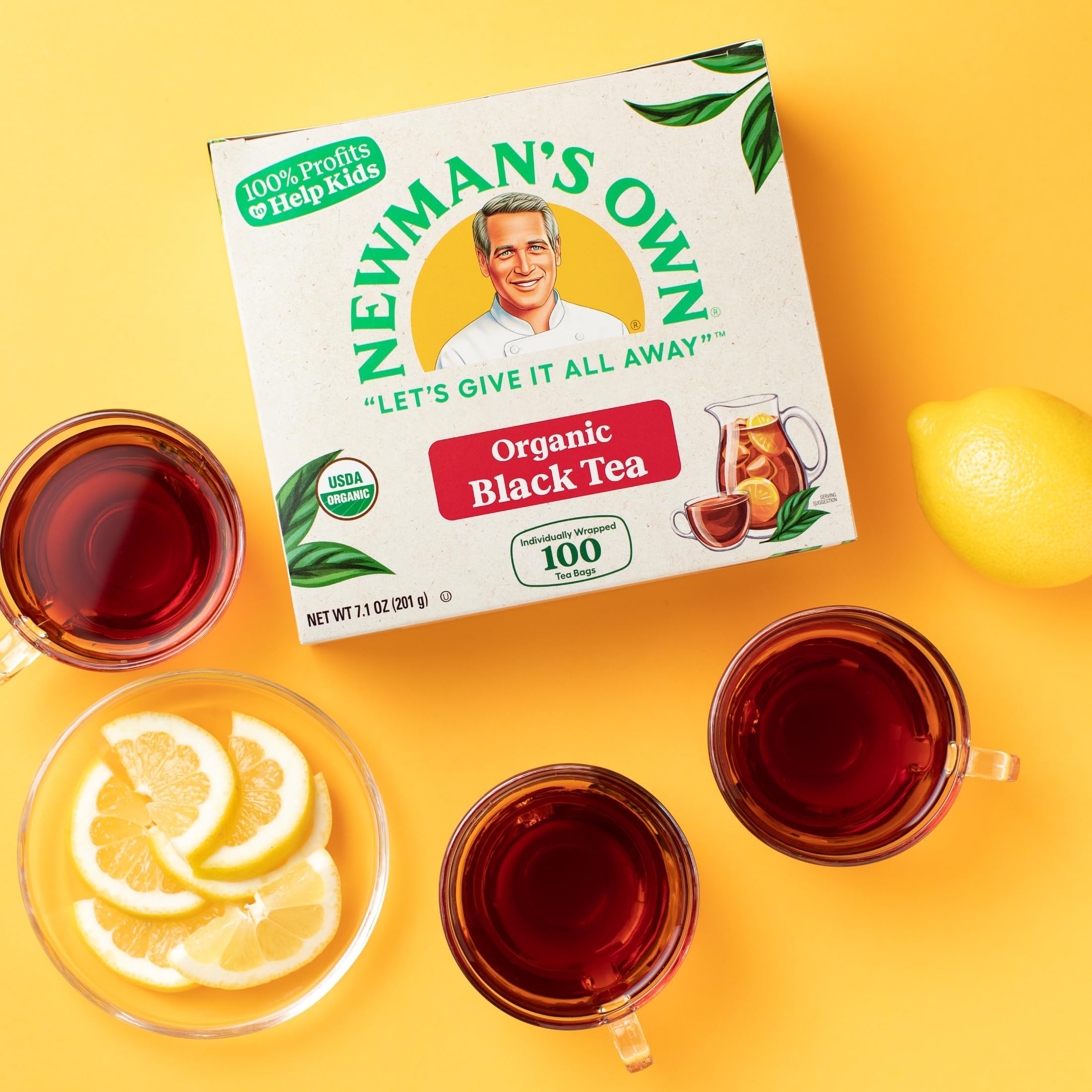 Steeped cup of Newman's Own Black Tea with rich color and aroma