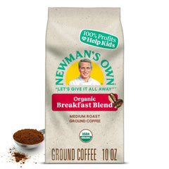 Newman's Own Organic Breakfast Blend bag front with fair trade and organic seals