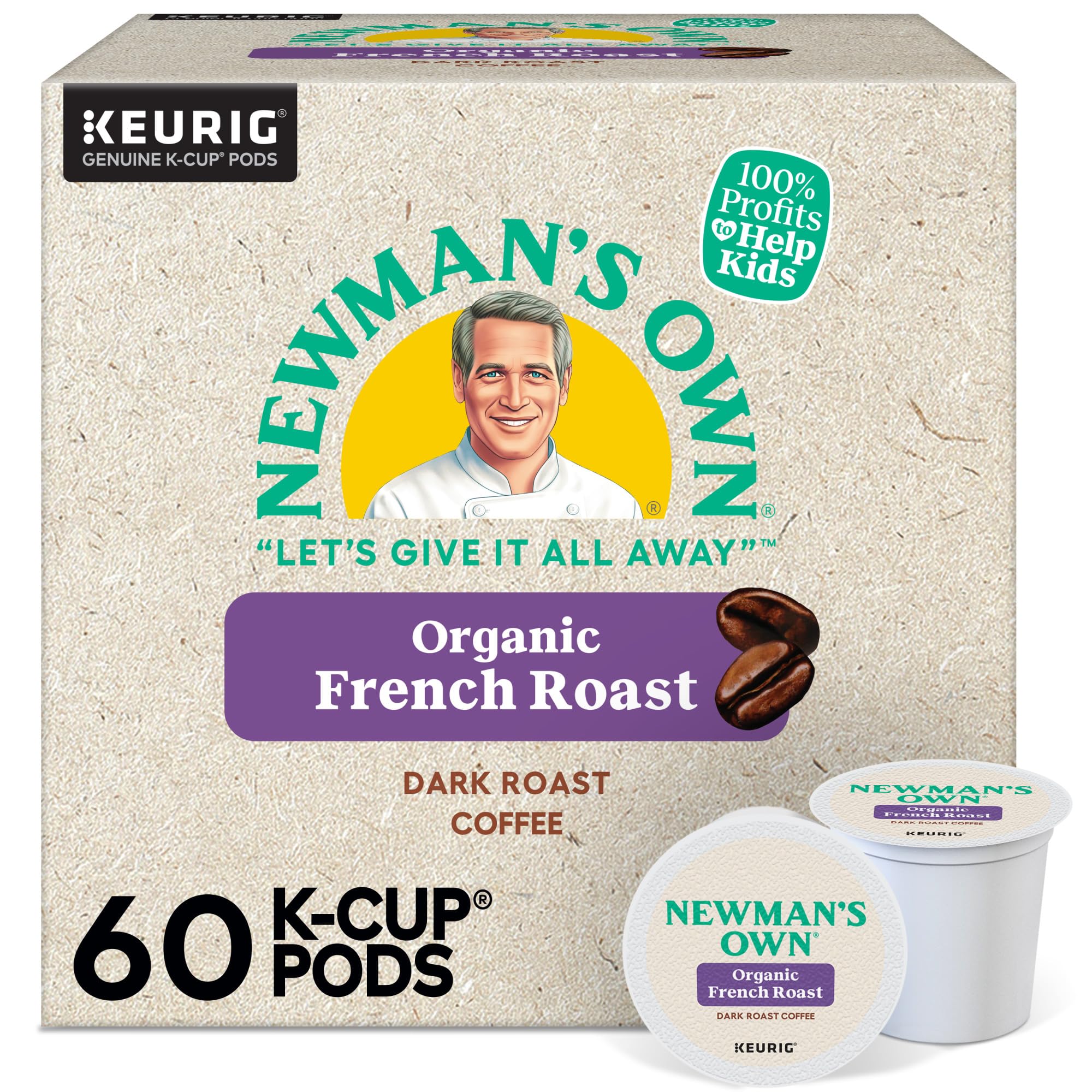 Newman's Own Organic French Roast K-Cup pods front-pack for bold mornings.