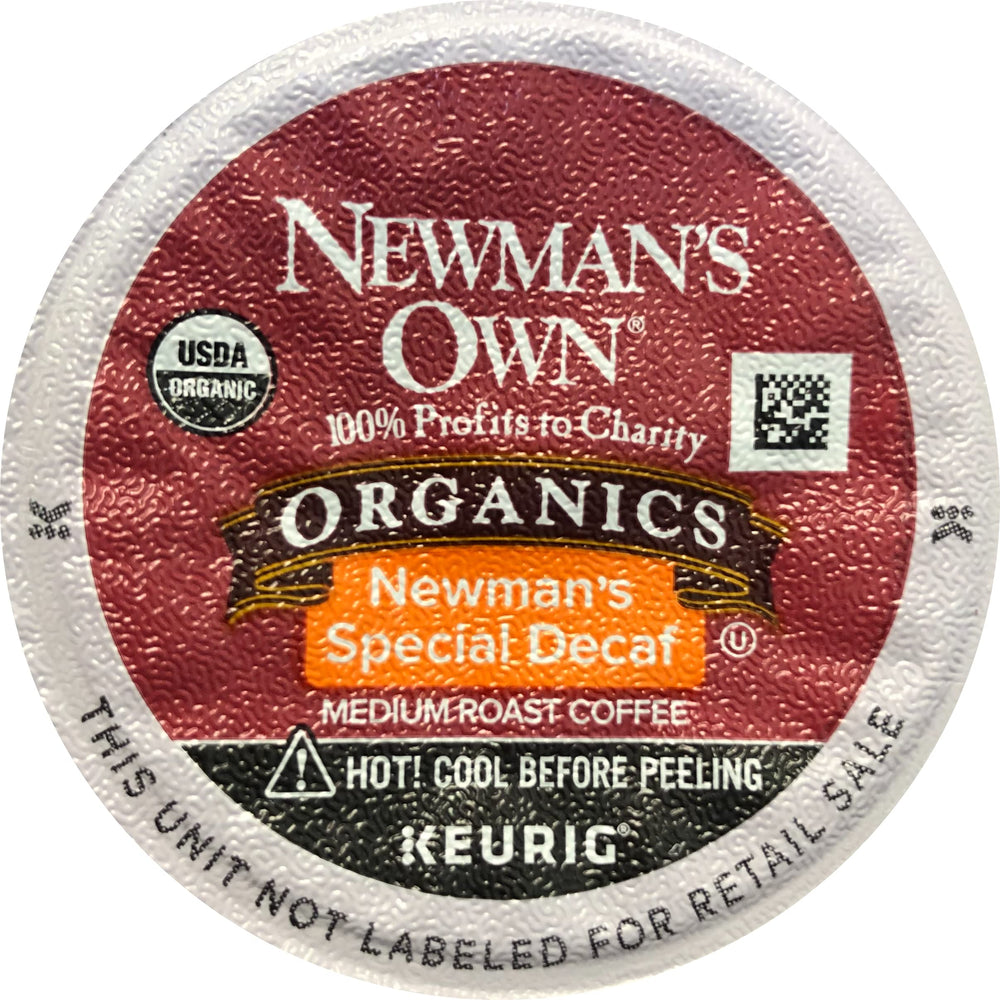 Newman's Own Organic Special Blend Decaf K-Cup brew closeup shows rich flavor and smooth finish.