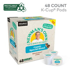 Close-up of Newman's Own Organic Special Blend K-Cup pod with medium roast notes