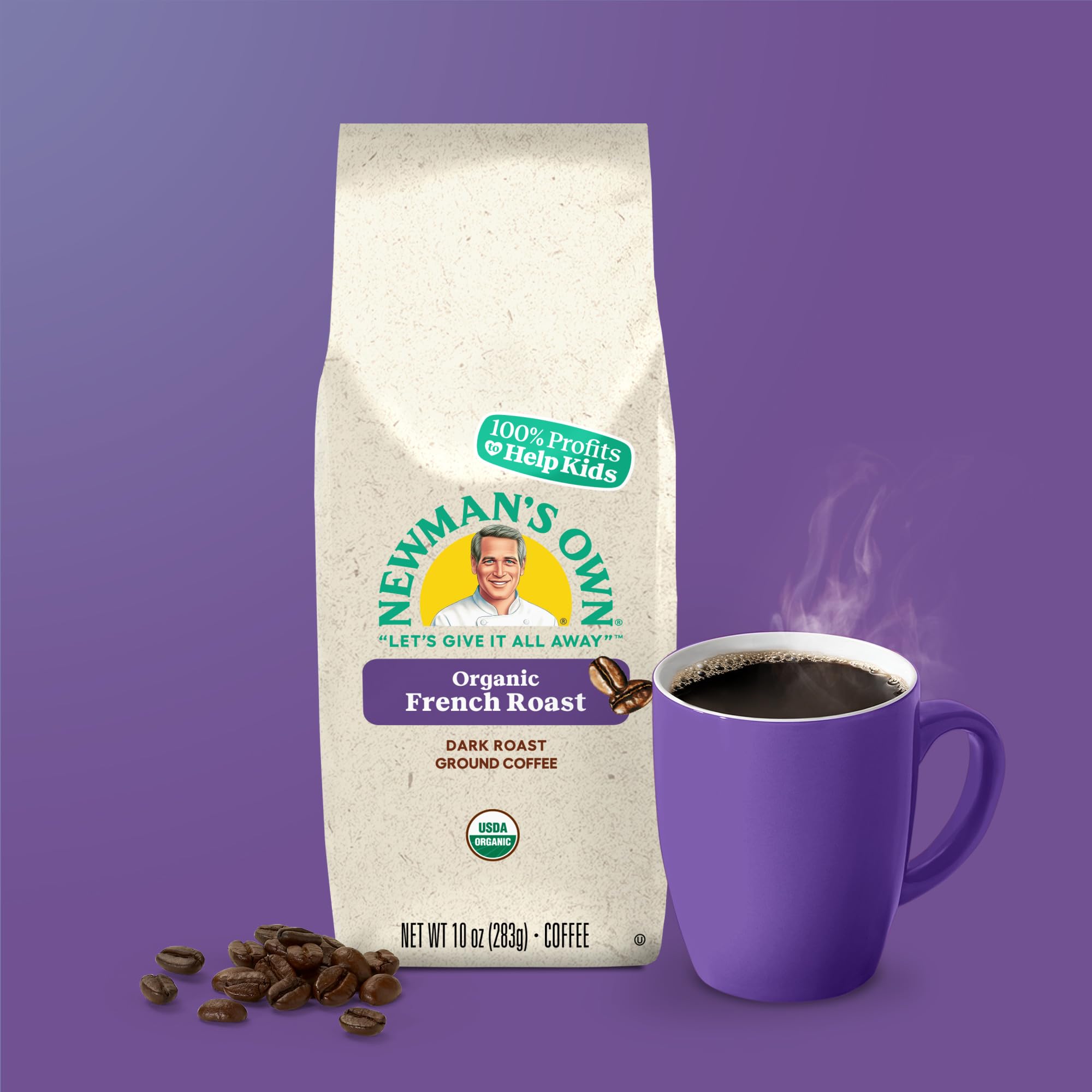 Steaming cup of Newman's Own Organics French Roast brew ready to enjoy
