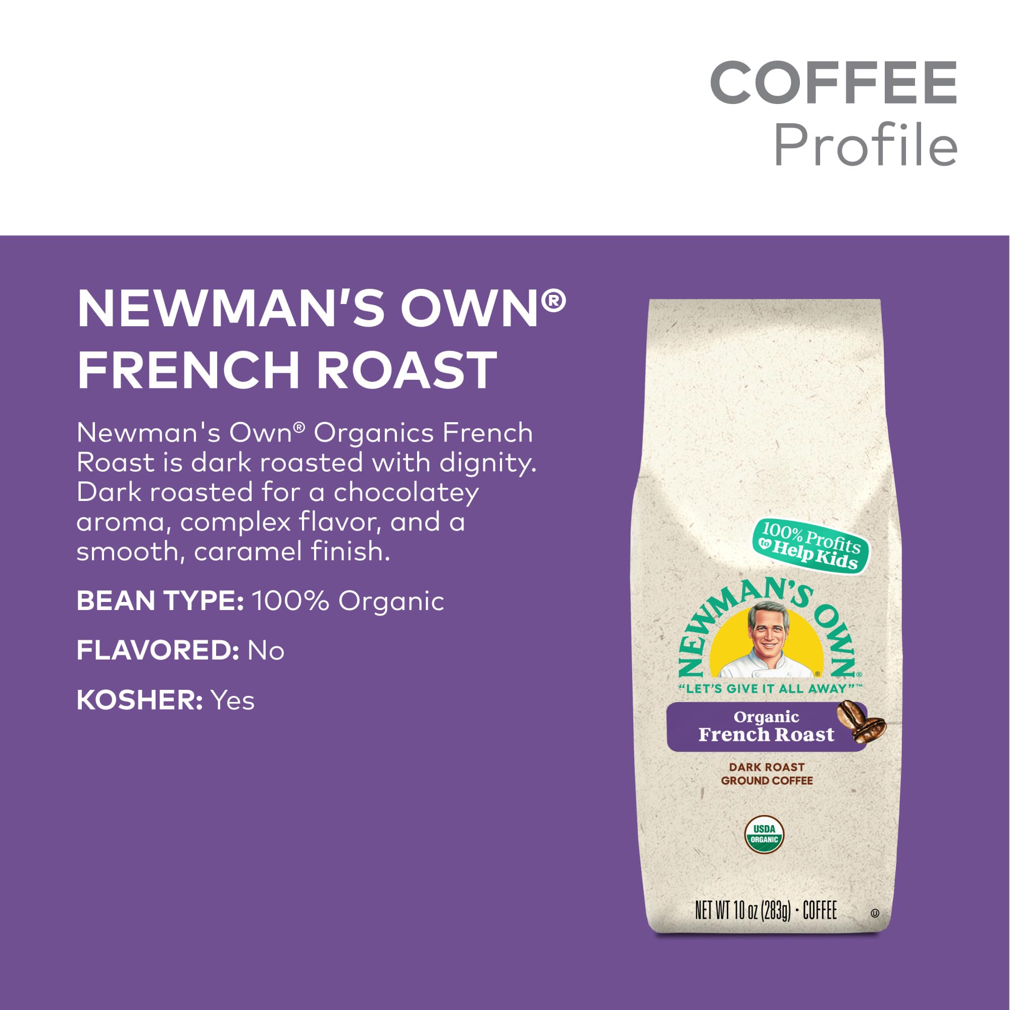 Newman's Own Organics French Roast bag back highlighting certifications and sourcing