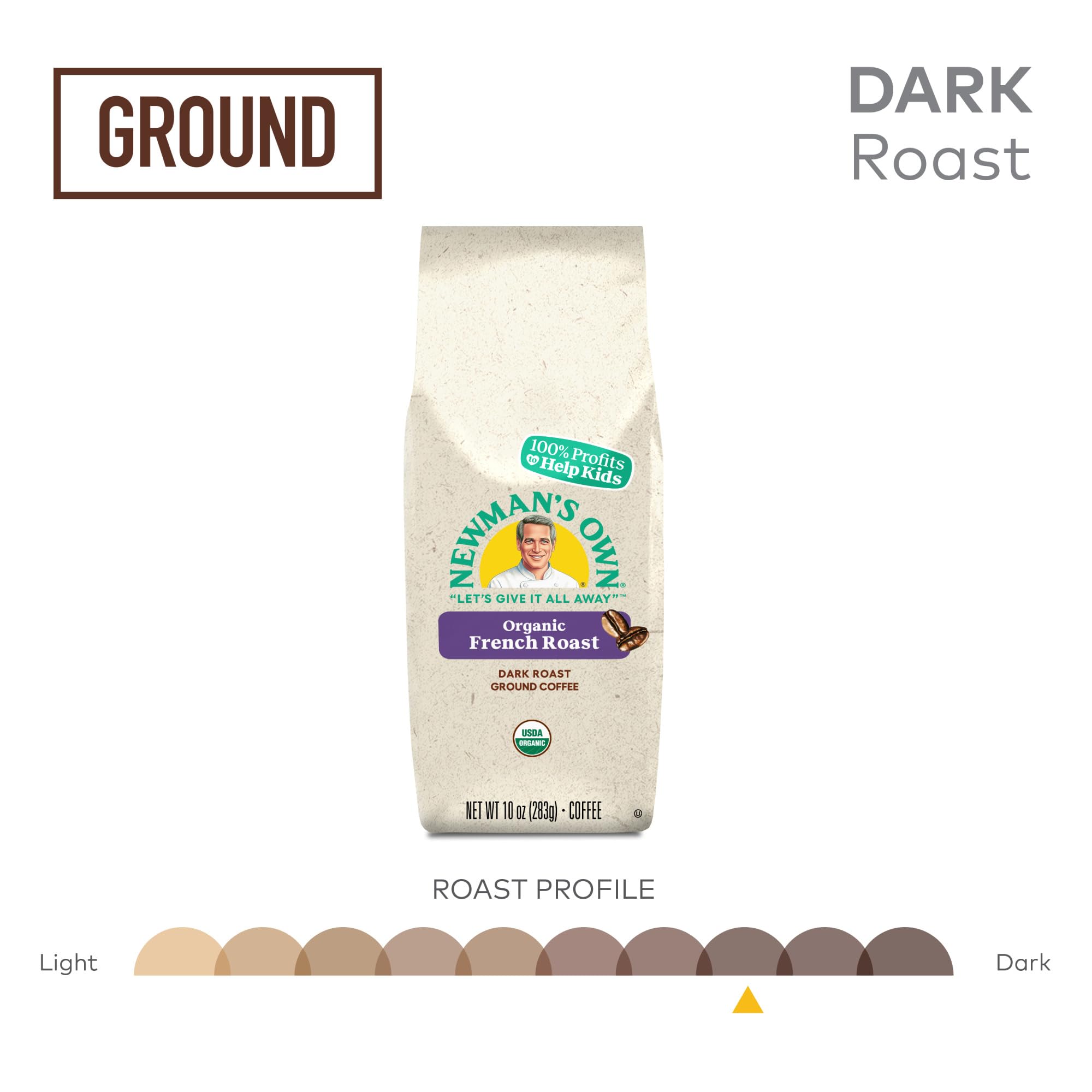 Close-up of Newman's Own Organics French Roast ground coffee rich and dark