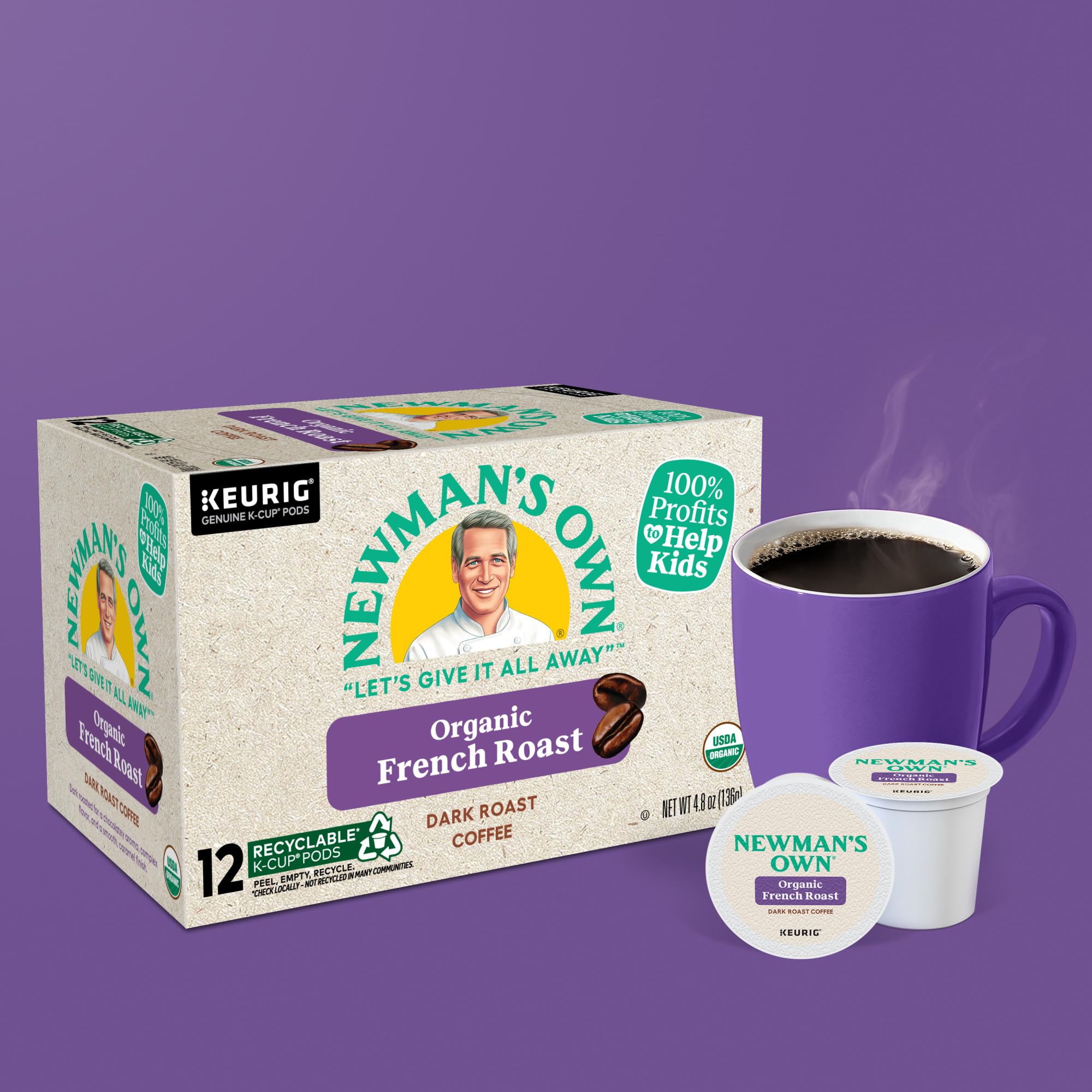 Newman's Own Organic French Roast Keurig pods box front displaying organic and kosher certifications.