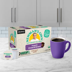 Newman's Own Organic French Roast Keurig pods capsule row suggests consistent bold flavor.