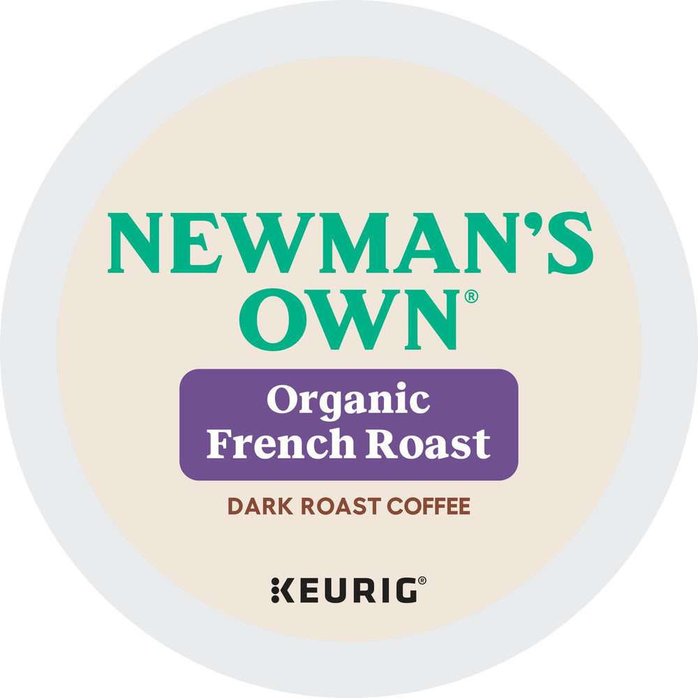 Newman's Own Organic French Roast Keurig pods closeup aroma with chocolatey notes.