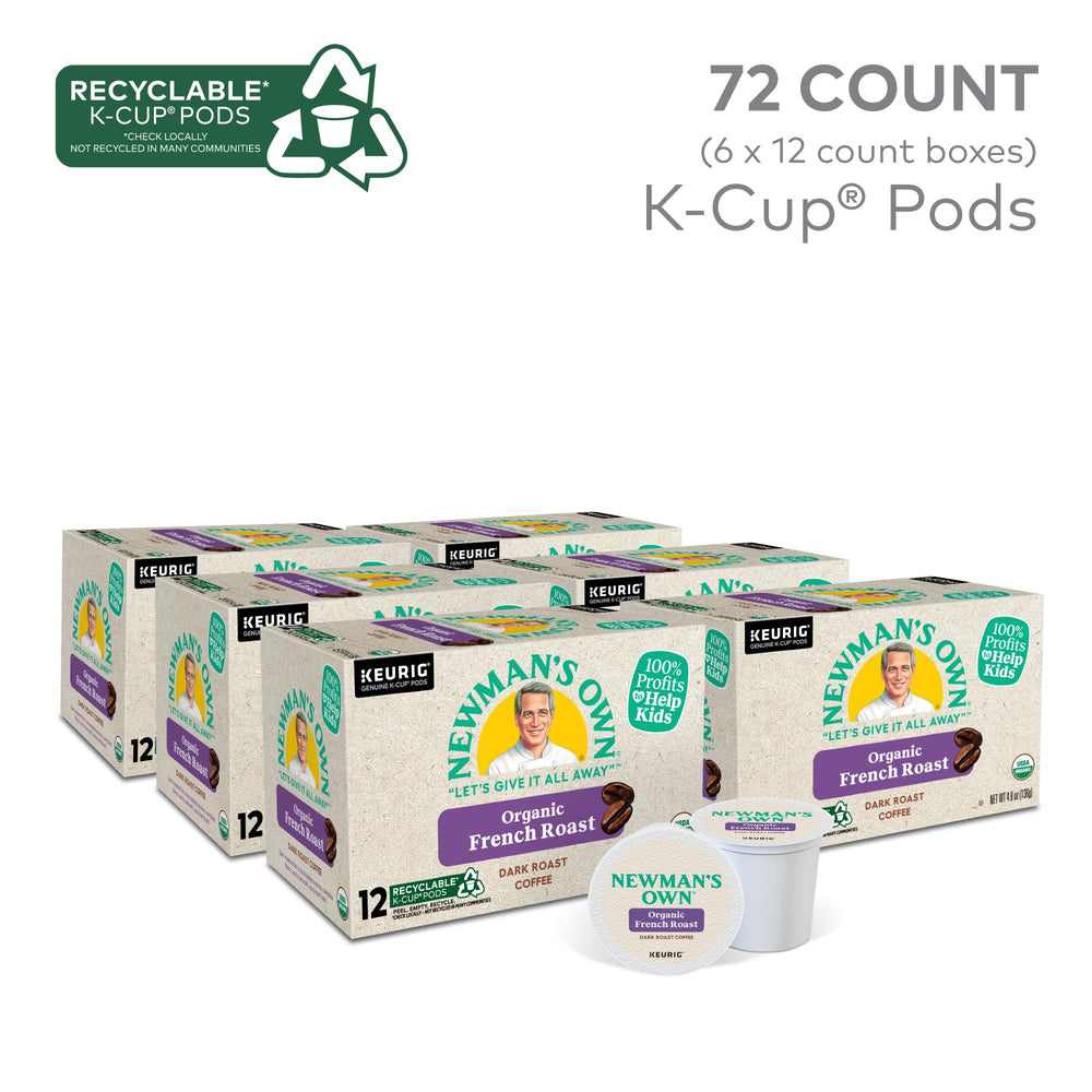 Newman's Own Organic French Roast Keurig pods under light highlight rich caramel finish.