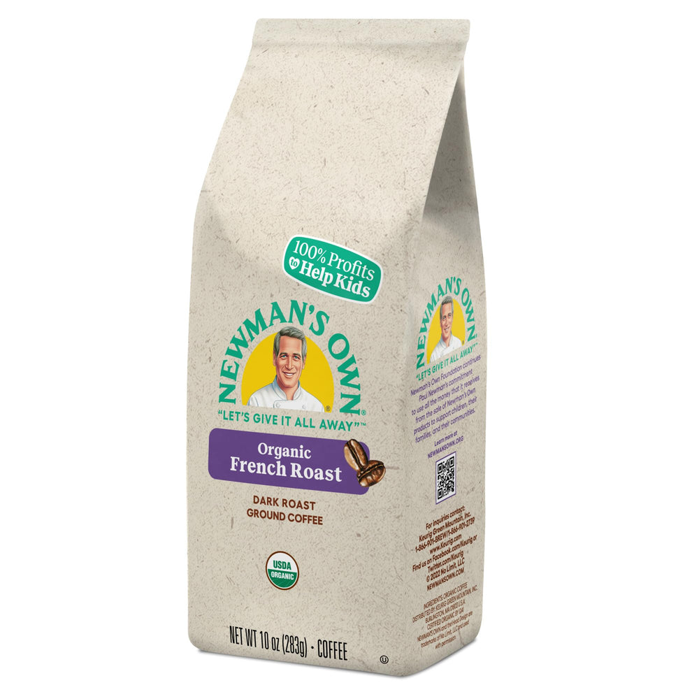 Cozy kitchen scene with Newman's Own Organics French Roast ready to brew