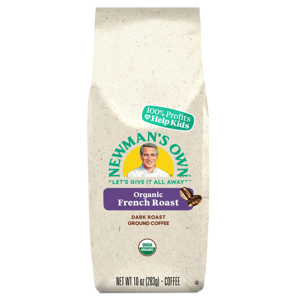 Newman's Own Organics French Roast packaging on kitchen counter