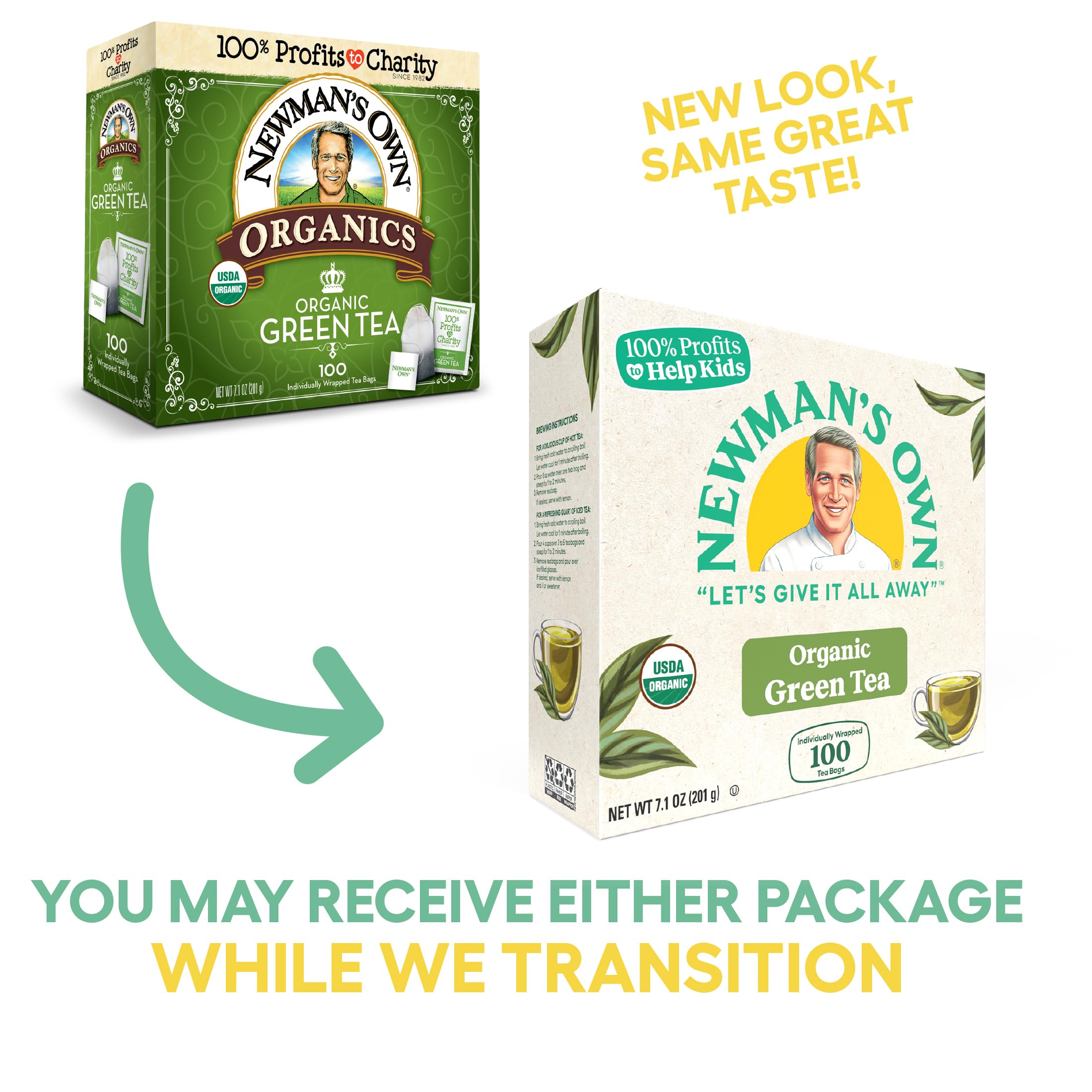 Two Newman's Own Organic Green Tea boxes on a store shelf