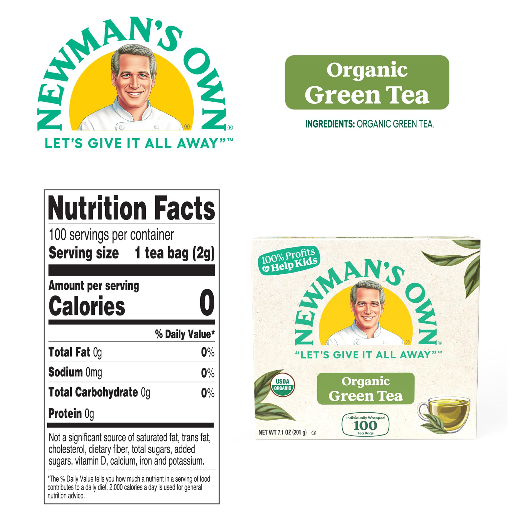 Newman's Own Organic Green Tea foil-wrapped bags maintain freshness for quick brewing.