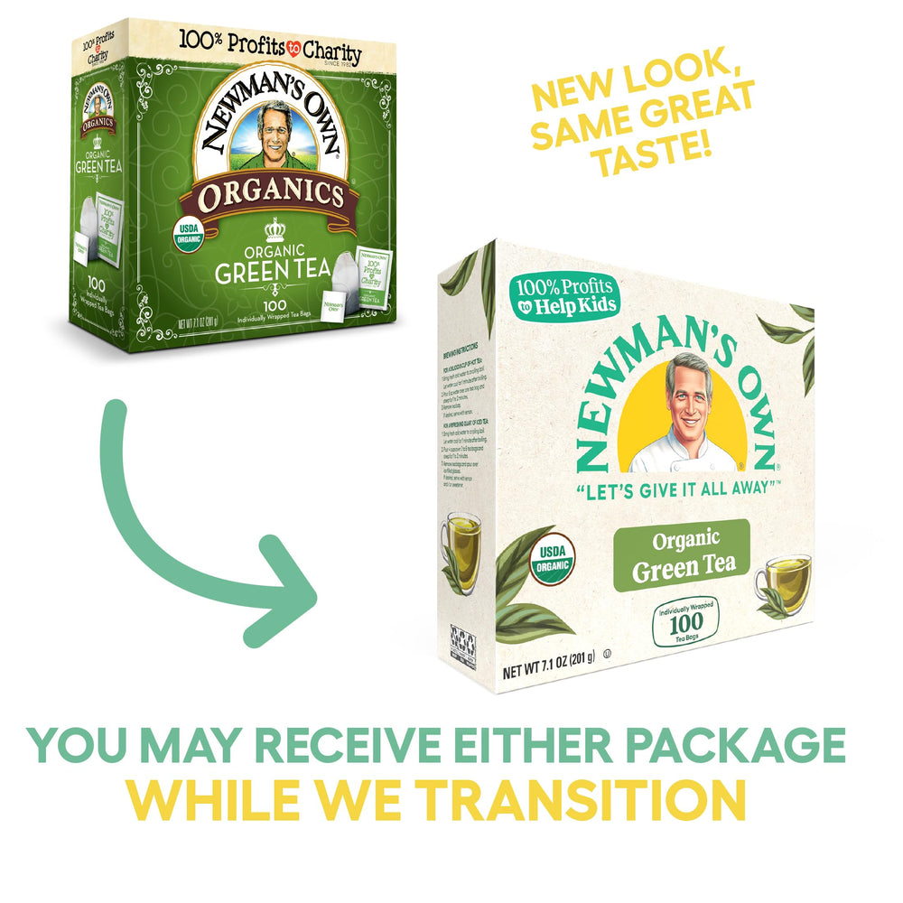 Newman's Own Organic Green Tea packaging front with organic certification badge.