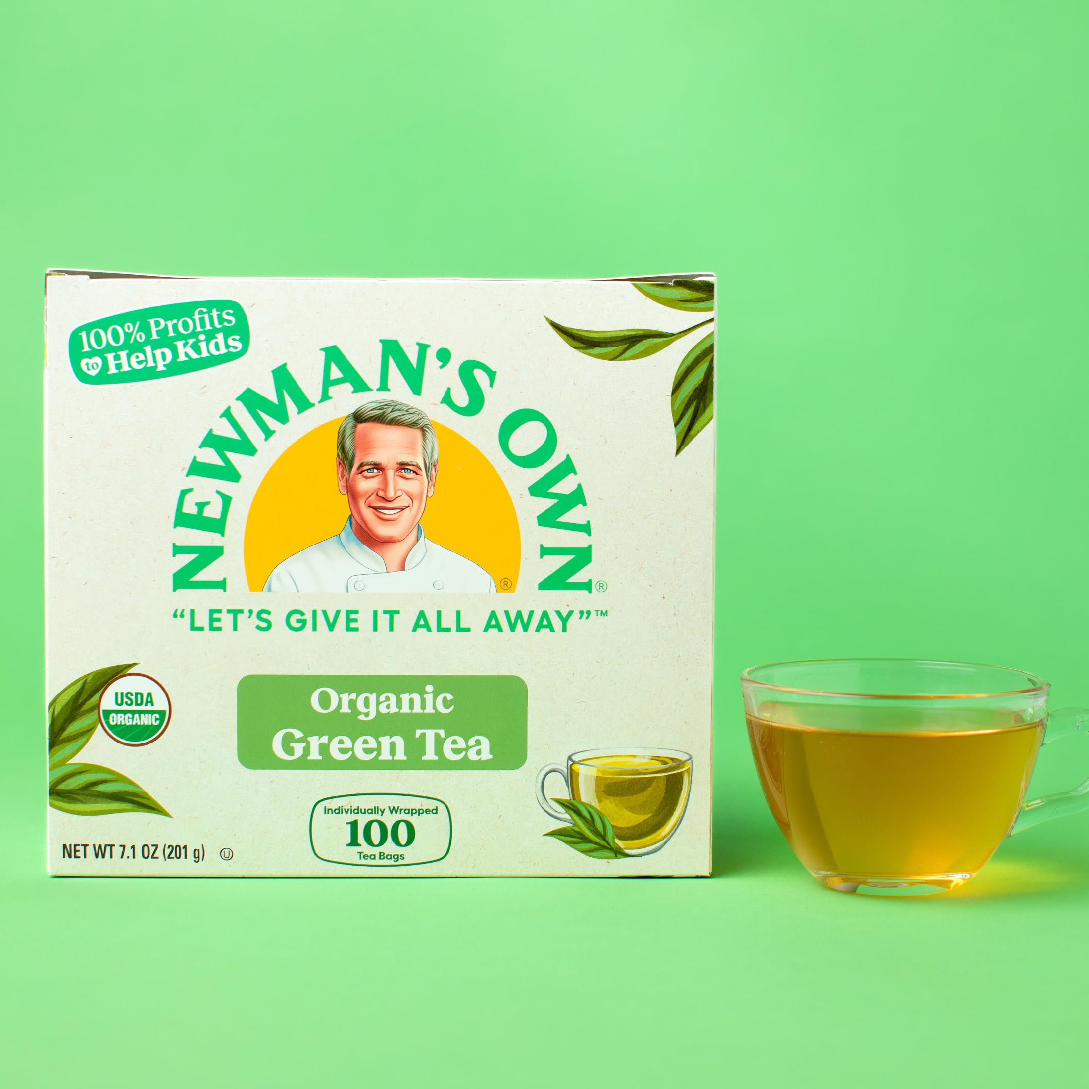 Newman's Own Organic Green Tea product display suggests easy moments of tea.