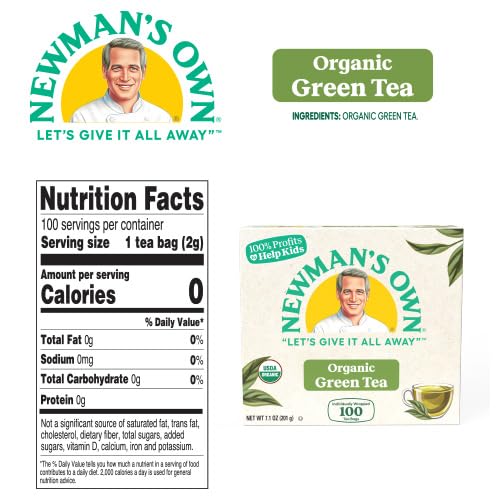 Close-up of Newman's Own Organic Green Tea bags with foil lining for freshness