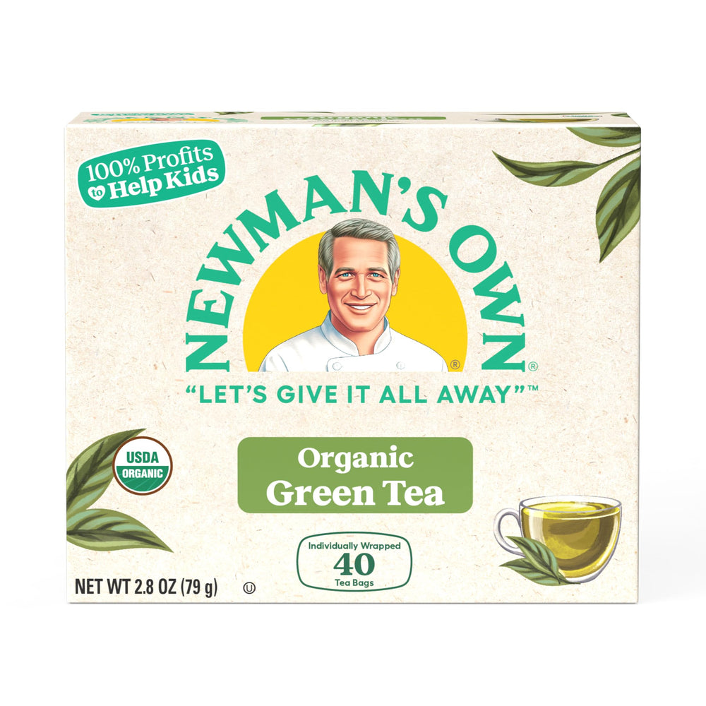 Newman's Own Organics Royal Green Tea hot brew steaming cup for refreshing flavor.