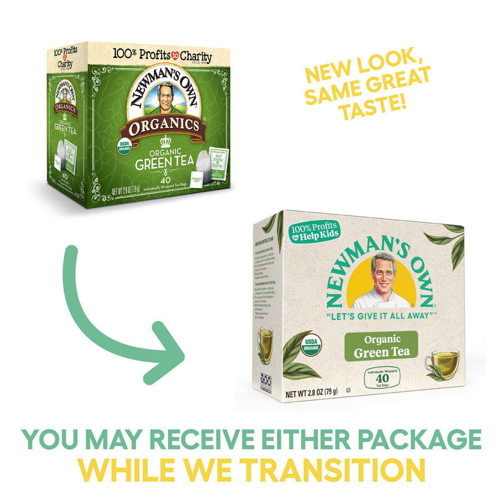 Newman's Own Organics Royal Green Tea on pantry shelf highlights kosher, gluten-free, dairy-free notes.