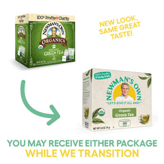 Newman's Own Organics Royal Green Tea on pantry shelf highlights kosher, gluten-free, dairy-free notes.