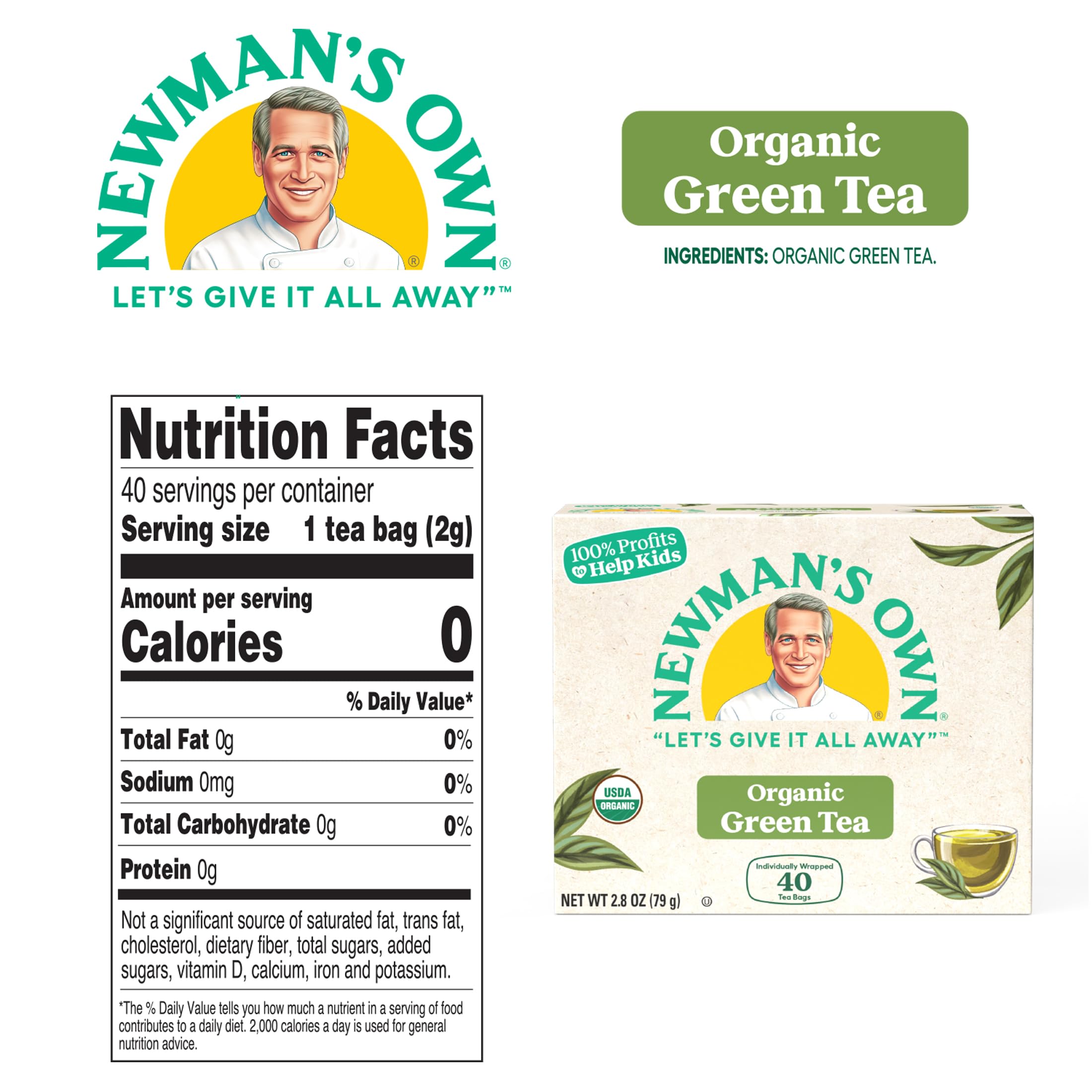 Newman's Own Organics Royal Green Tea tea bags close-up with inviting aroma.