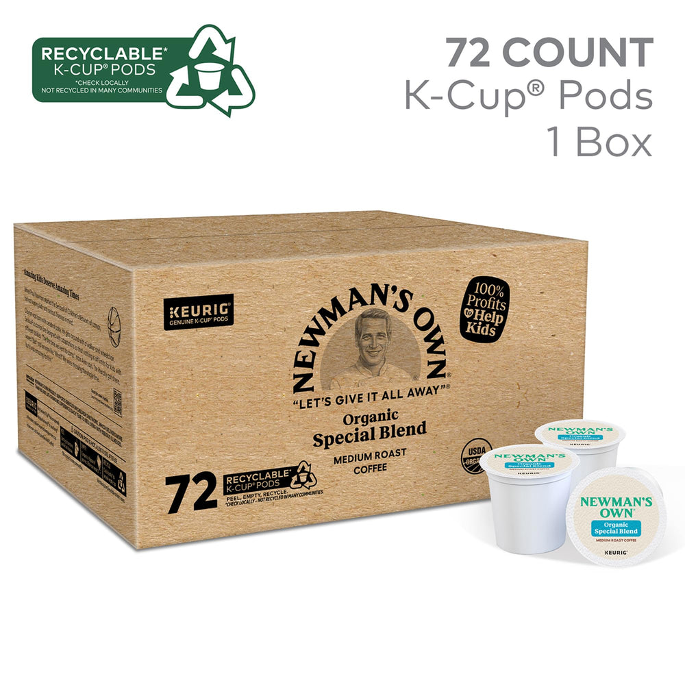 Newman's Own Organic Special Blend cartons show 72-count packaging for daily use