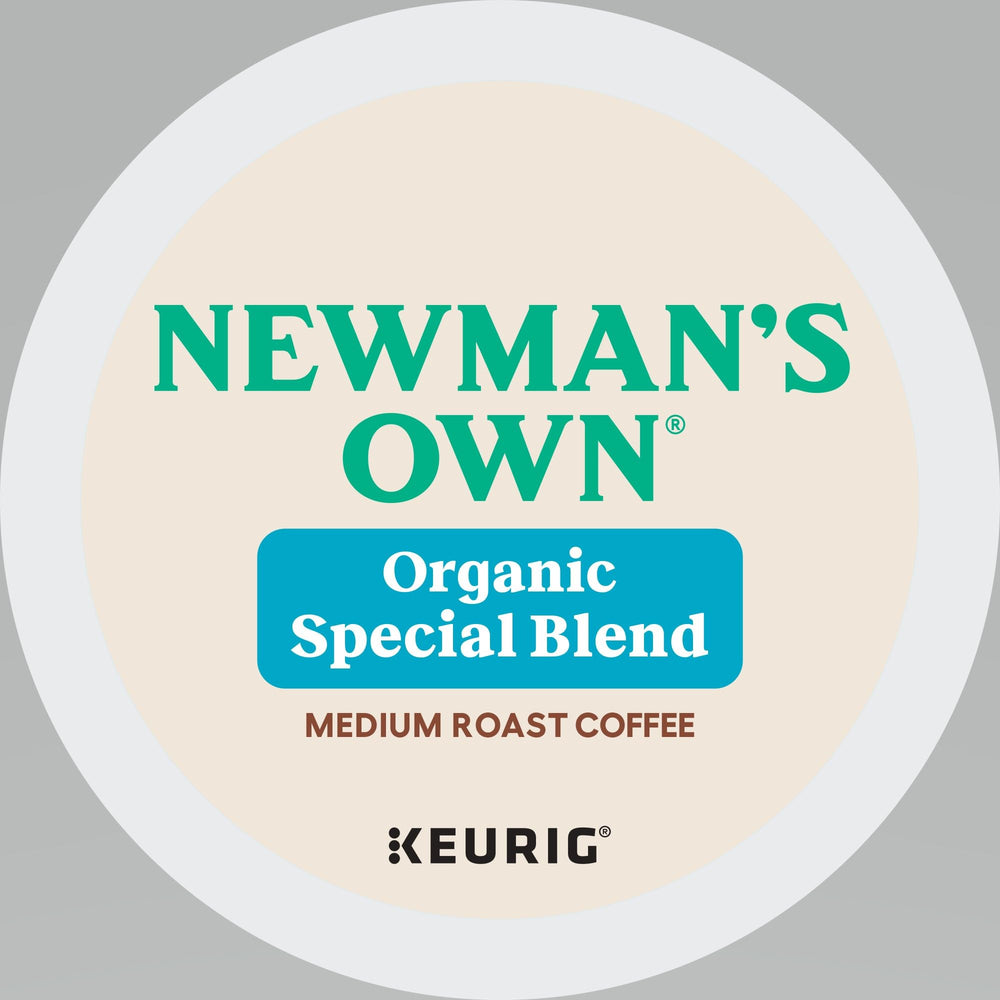 Newman's Own Organic Special Blend packaging closeup with recyclable K-Cup pods.