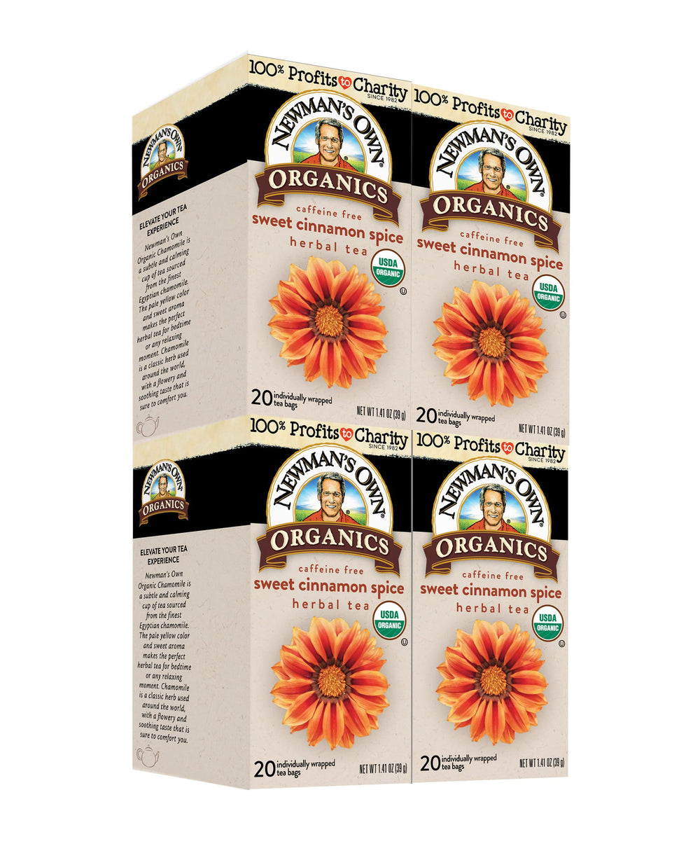 Newman's Own Organic Sweet Cinnamon Spice tea box with 4-pack, caffeine-free moment