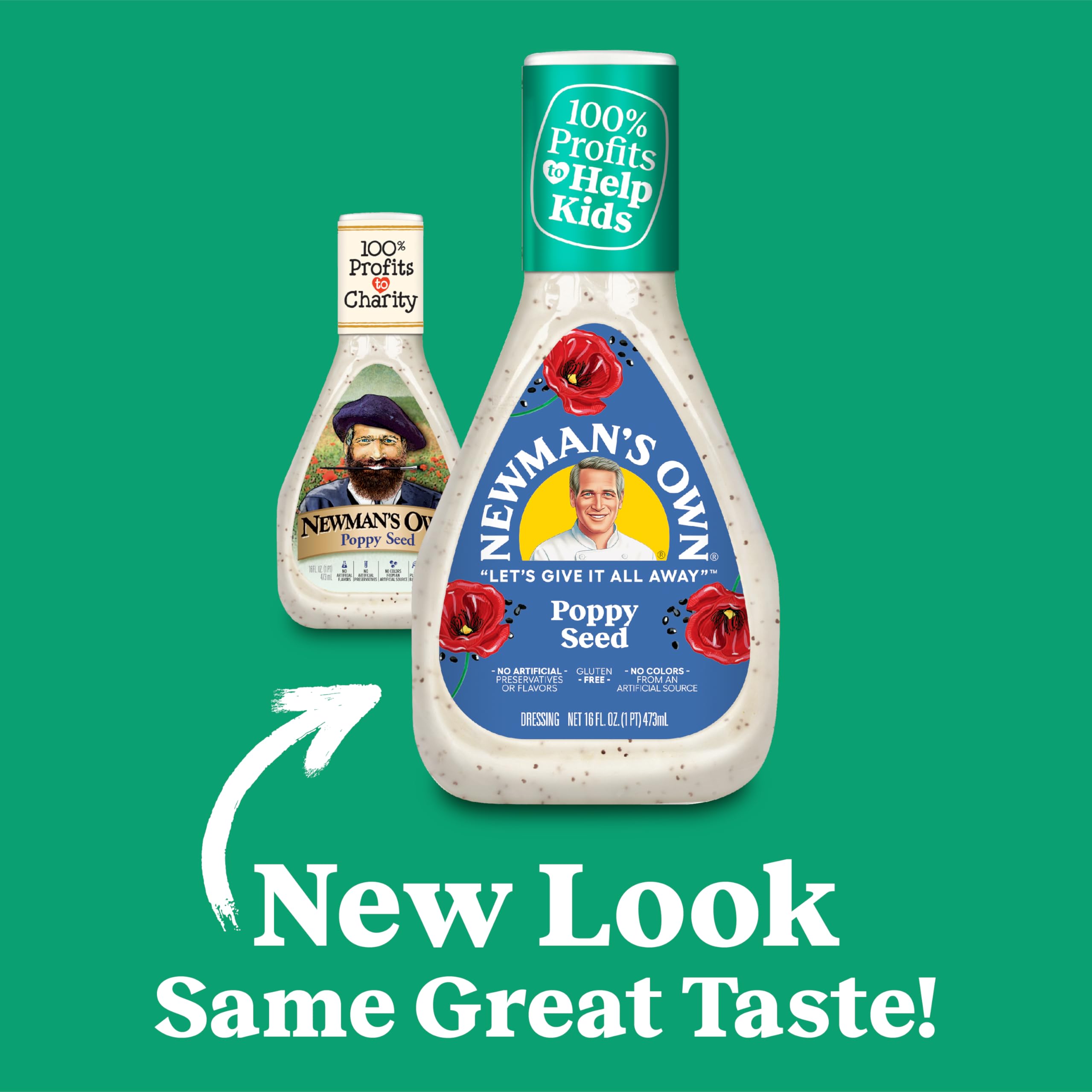 Newman's Own Poppy Seed Dressing recyclable bottle highlighting sustainability.