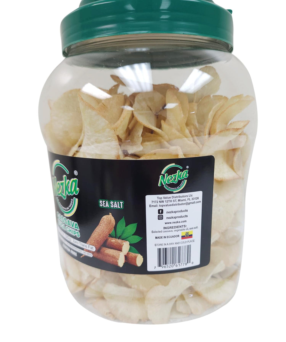 NEZKA Cassava Chips gluten-free label emphasizing a healthier option