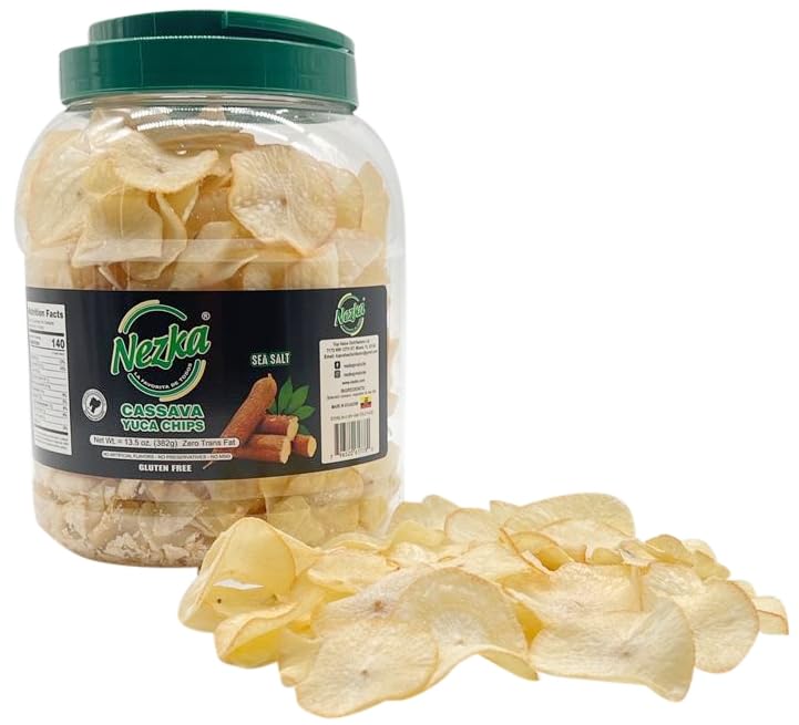 NEZKA Cassava Chips plant and chips display highlighting natural cassava base