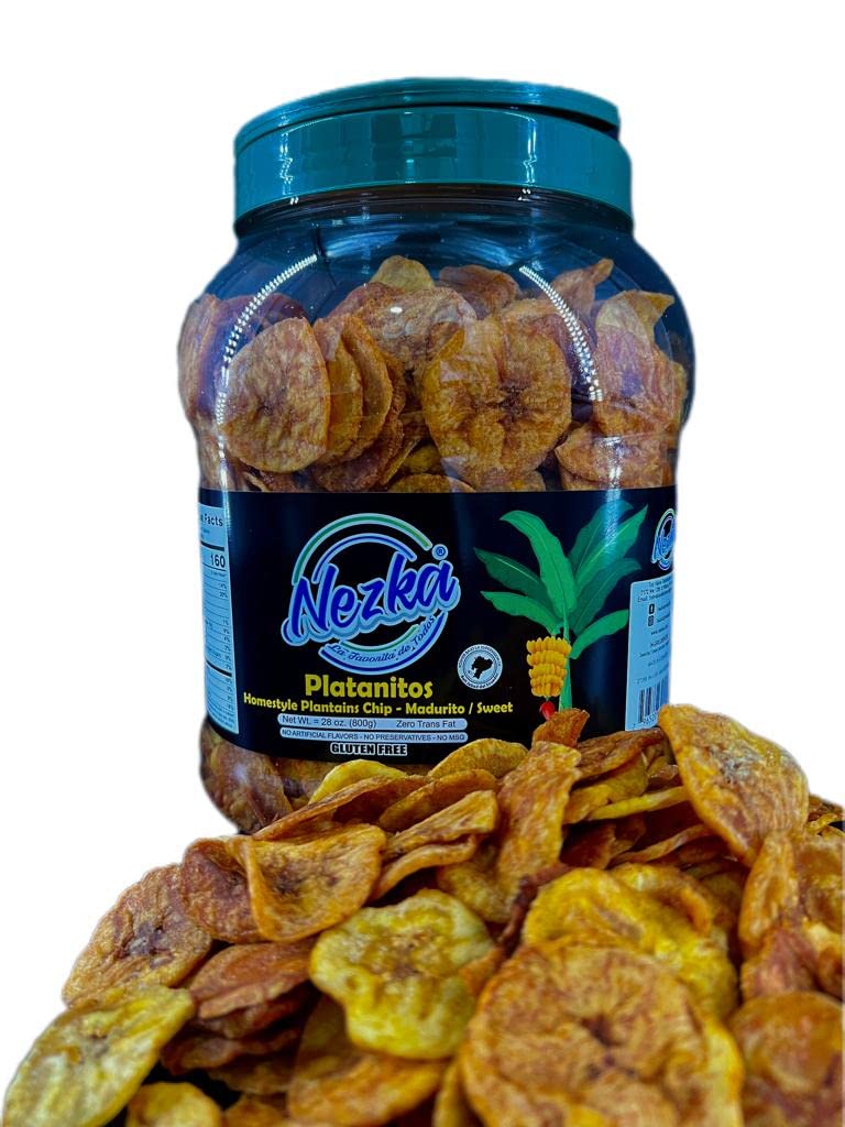 NEZKA Plantain Chips on store display in a 28 oz jar