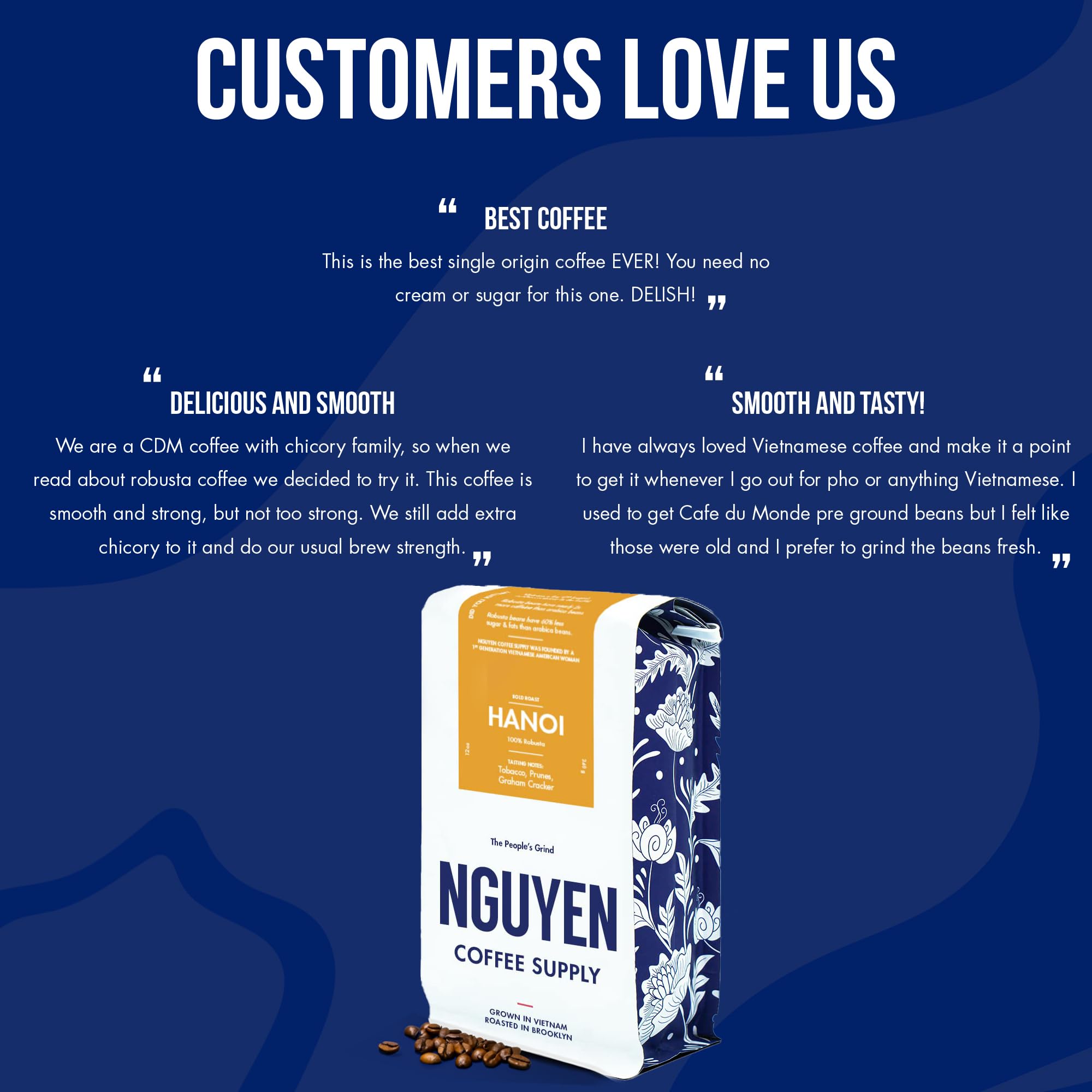 Nguyen Coffee Supply versatile beans for espresso or drip brewing with high caffeine potential.