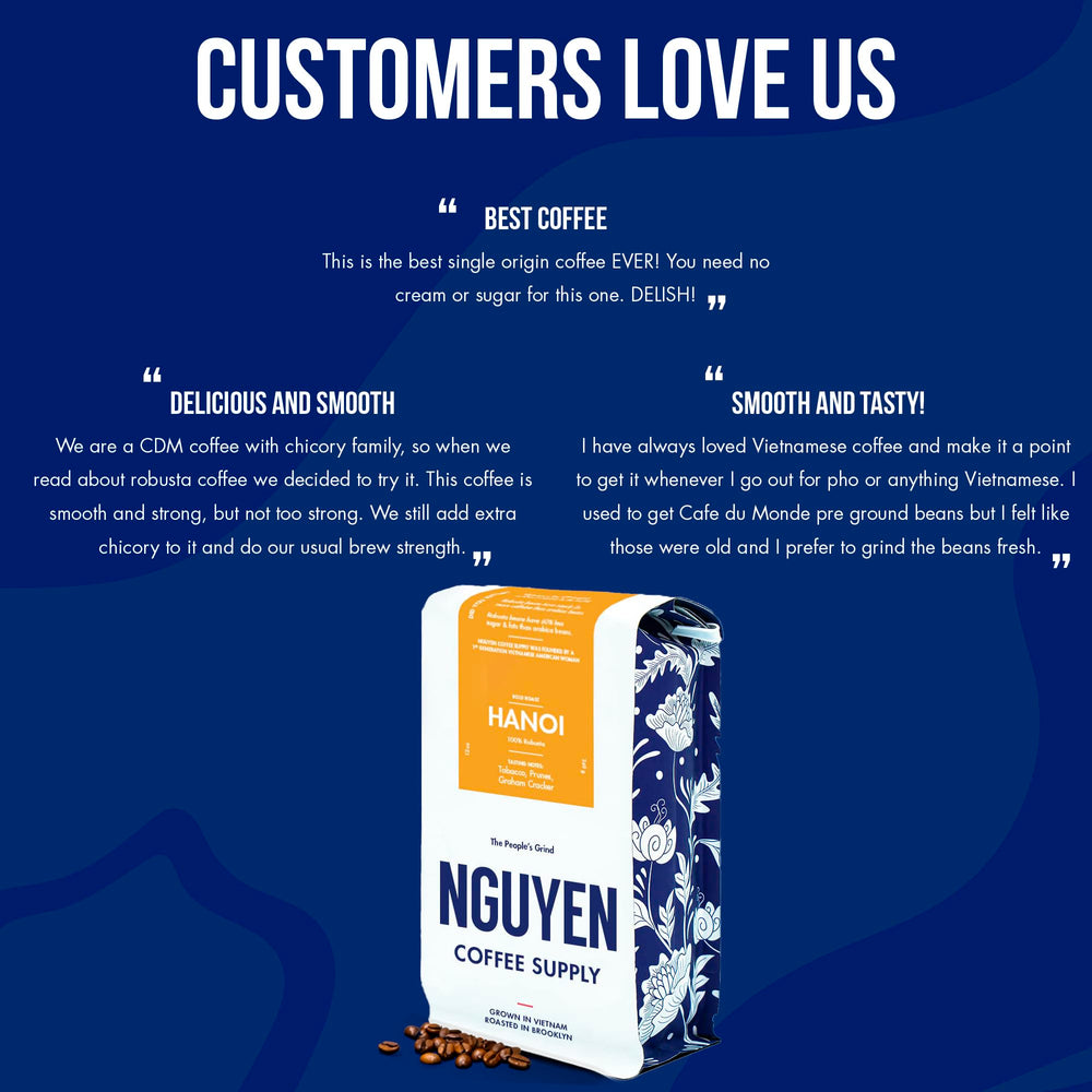 Nguyen Coffee Supply versatile beans for espresso or drip brewing with high caffeine potential.