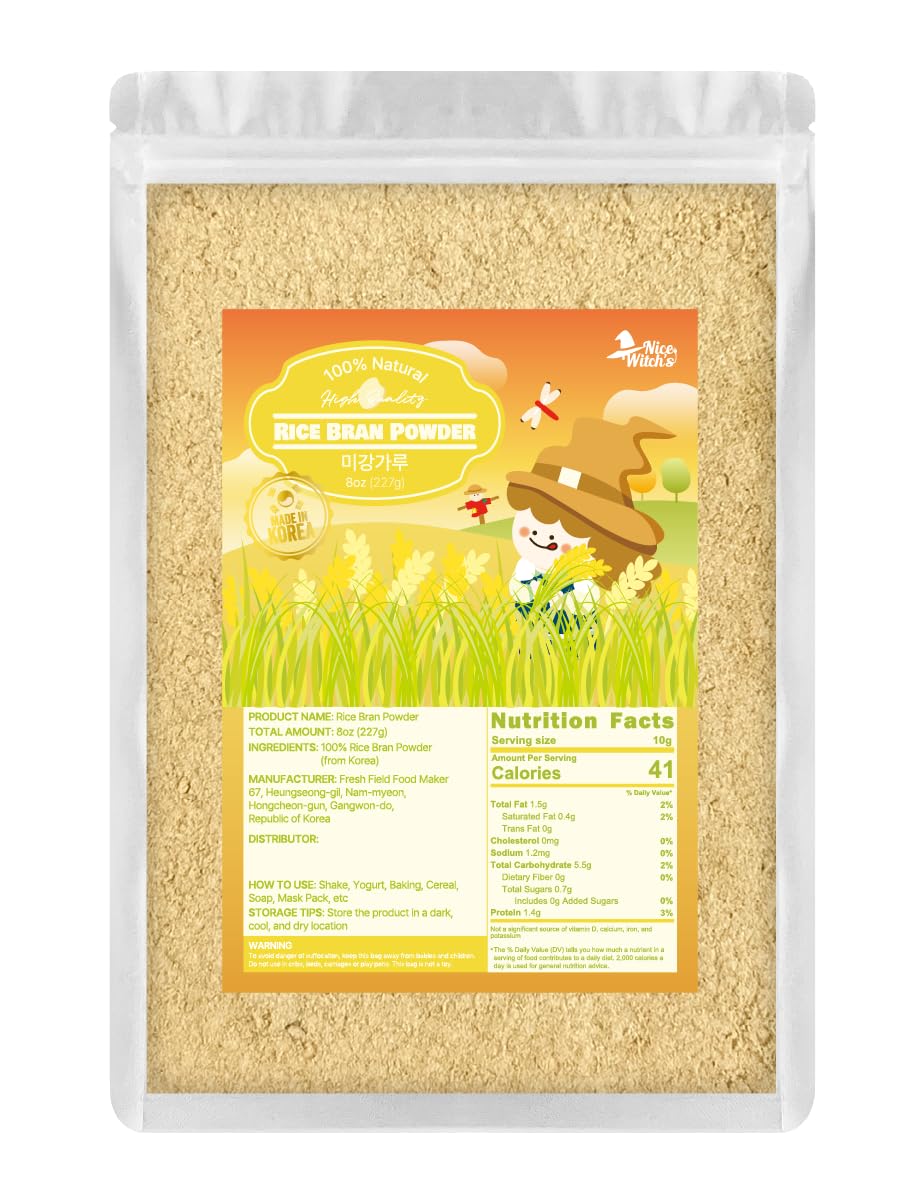 Nice Witch's Korean rice bran powder jar shows pure texture for smoothies and baking.
