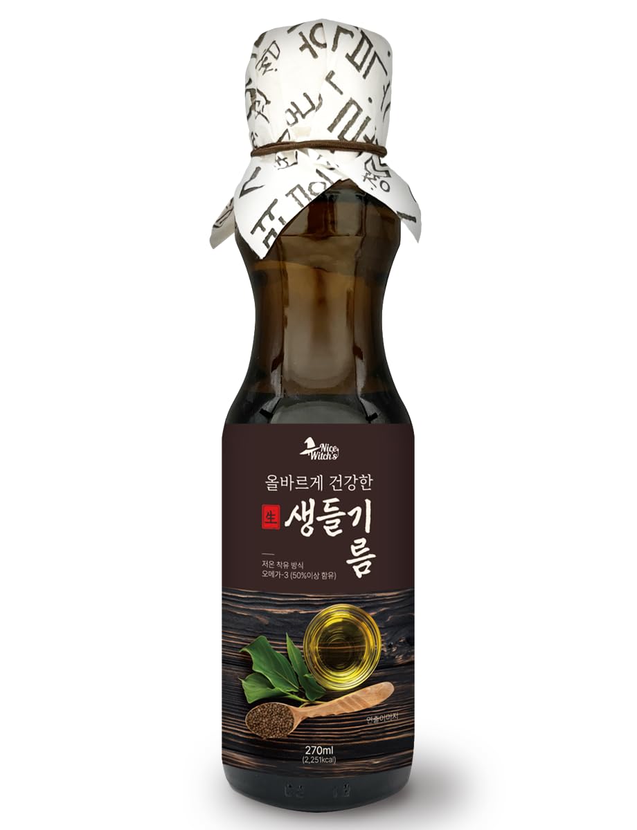 NICE WITCH'S raw perilla oil bottle showing clear golden oil for fresh salads