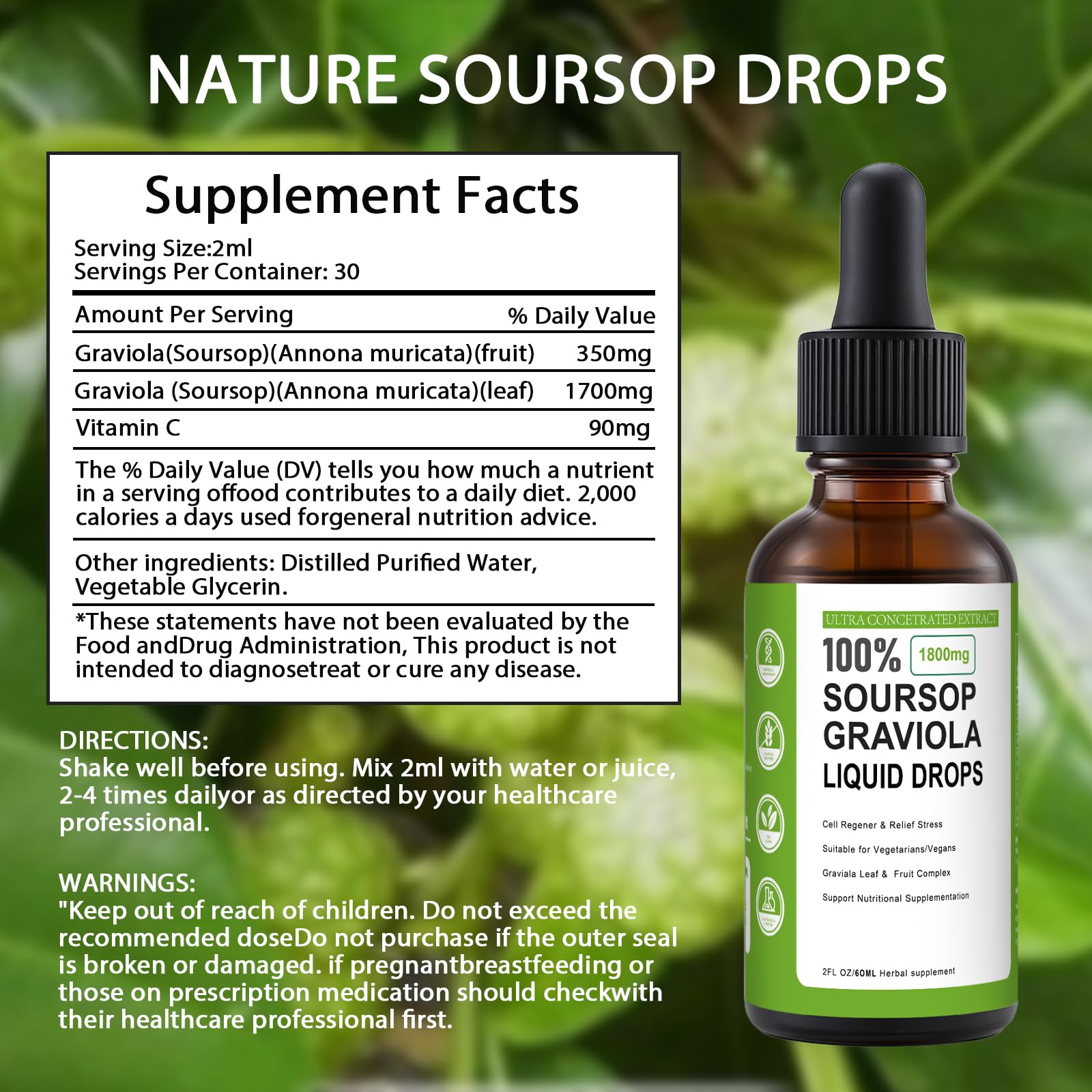 Nichalous graviola extract drops ready to mix into drinks.