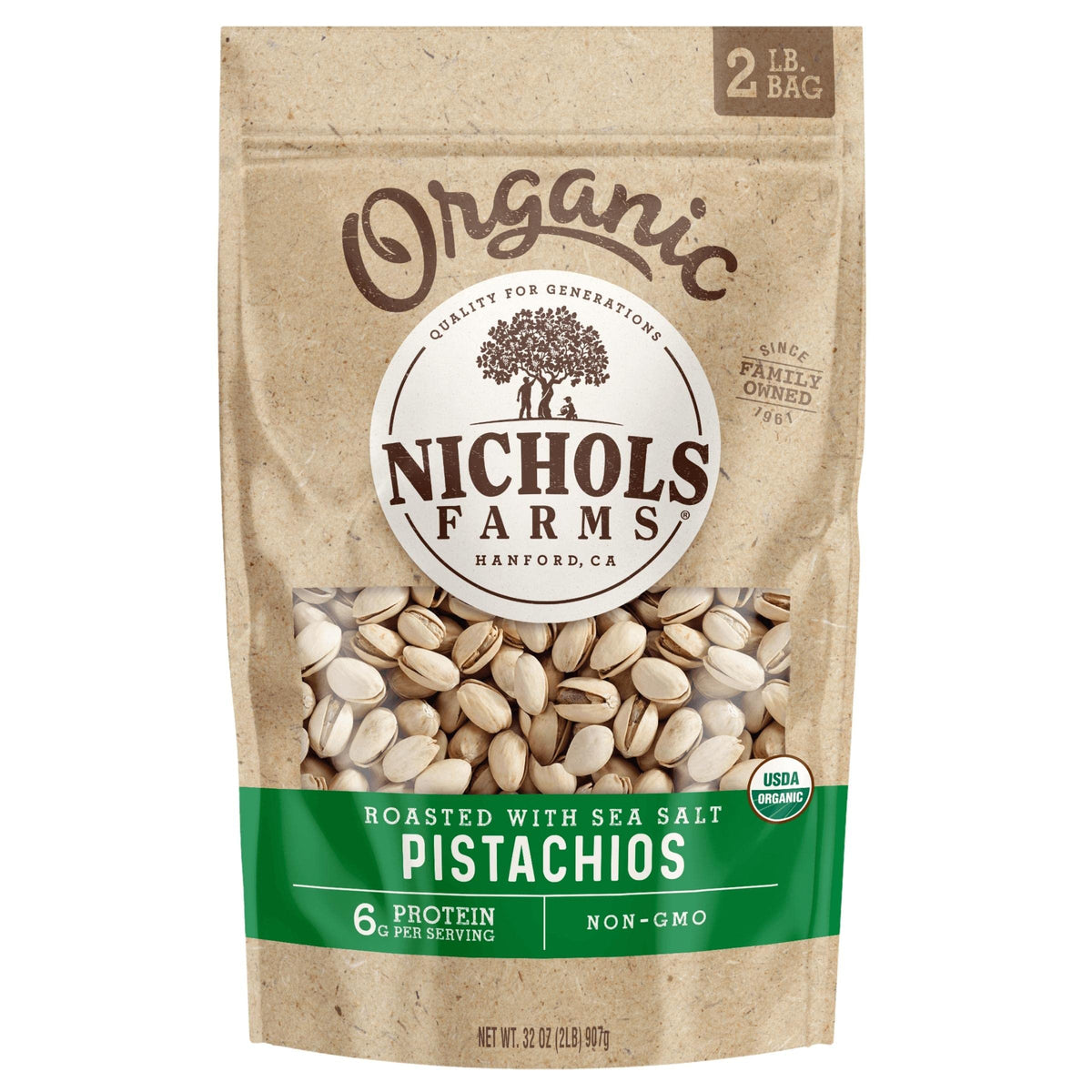Nichols Farms roasted salted no-shell pistachios in a 32oz bag for snacking