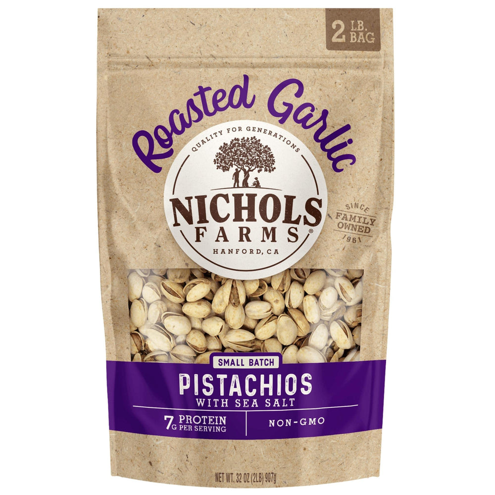 Nichols Farms in-shell roasted garlic pistachios for bold savory snacking