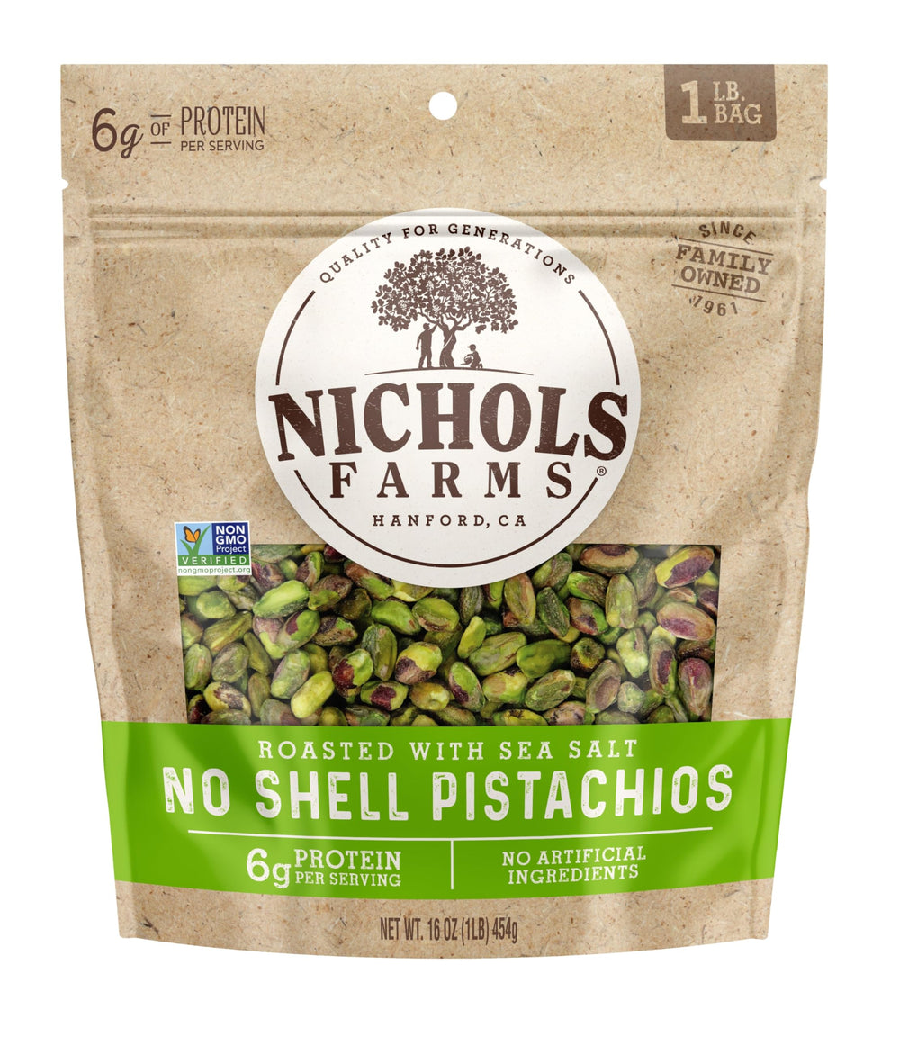 Nichols Farms No Shell pistachios in resealable pouch for fresh, on-the-go snacking.