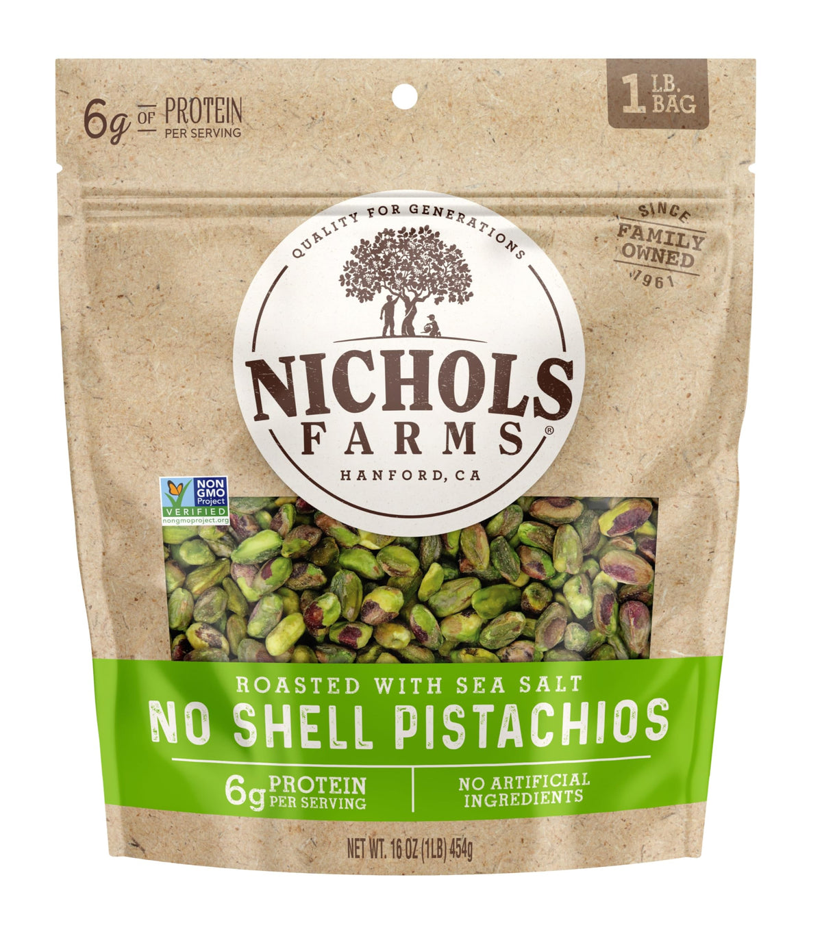 Nichols Farms No Shell pistachios in resealable pouch for fresh, on-the-go snacking.