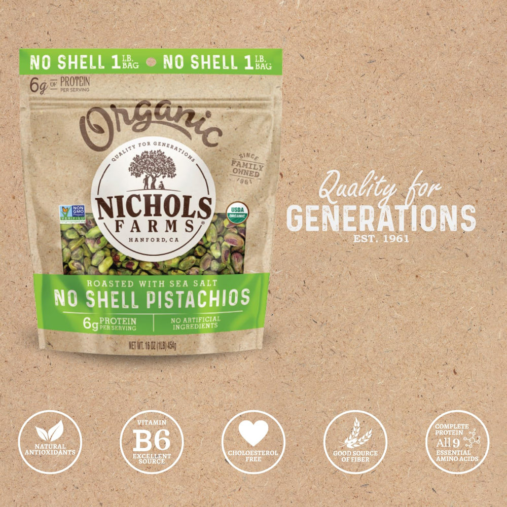 Nichols Farms pistachios roasted with sea salt close-up, showing crisp, flavorful texture.