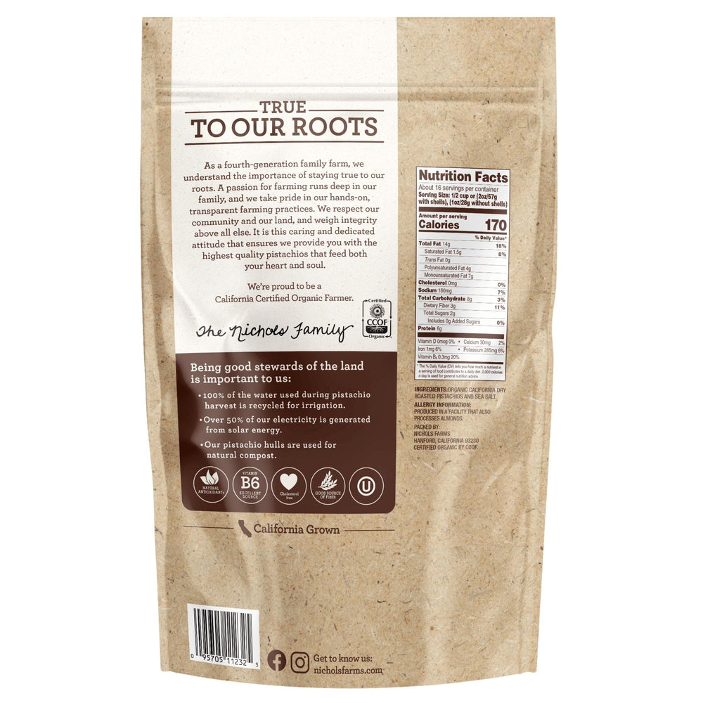 Nichols Farms organic pistachios certified by CCOF and USDA, no-shell ready to eat