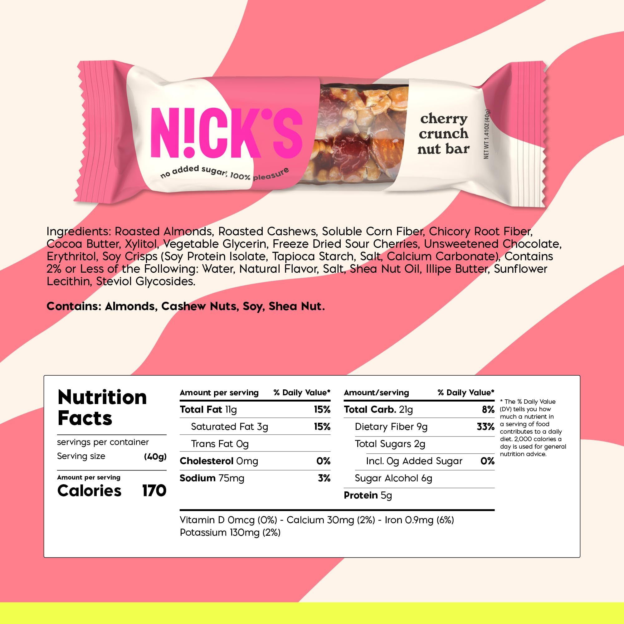 Close-up of NICKS bar with cherries and nuts for crunch.