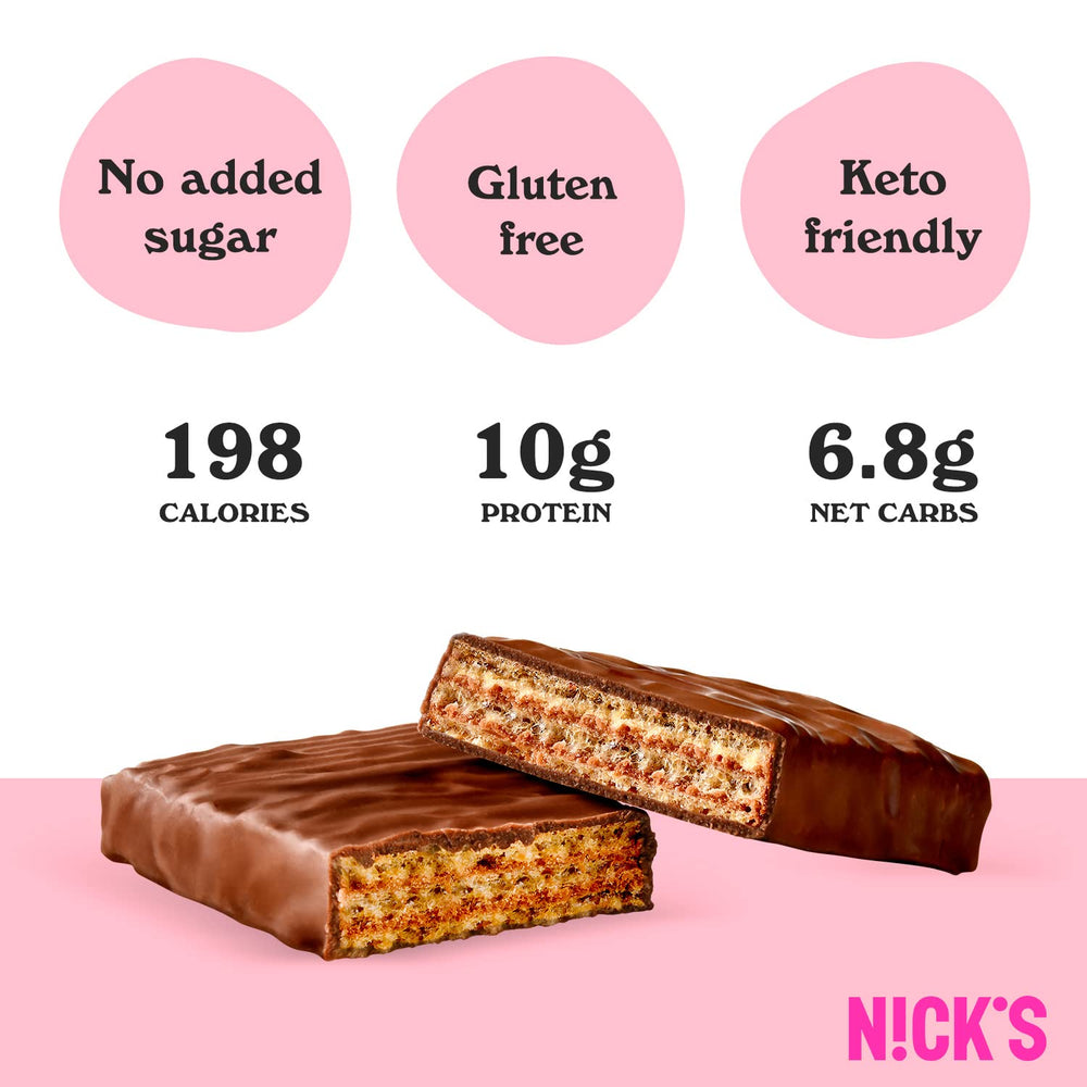 N!CK'S NICKS Protein Wafer Bar cross-section reveals crisp filling for a pre-workout snack.