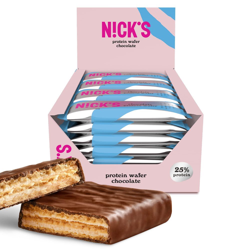N!CK'S NICKS Protein Wafer Bar wrapped in milk chocolate for quick energy during workouts.