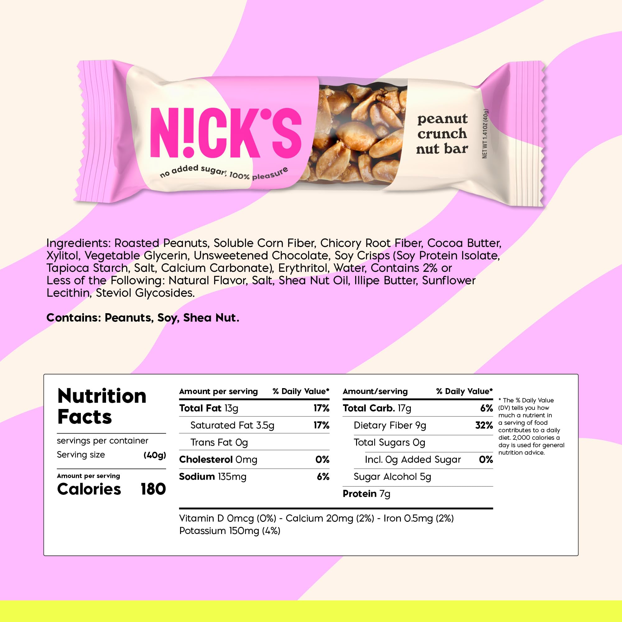 Nick's peanut chocolate snack bar close-up with peanuts and chocolate.