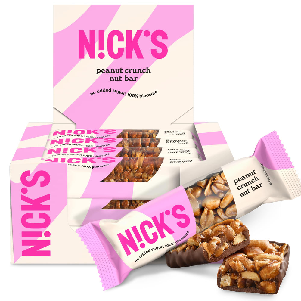 Nick's peanut chocolate snack bar packaging for on-the-go energy.